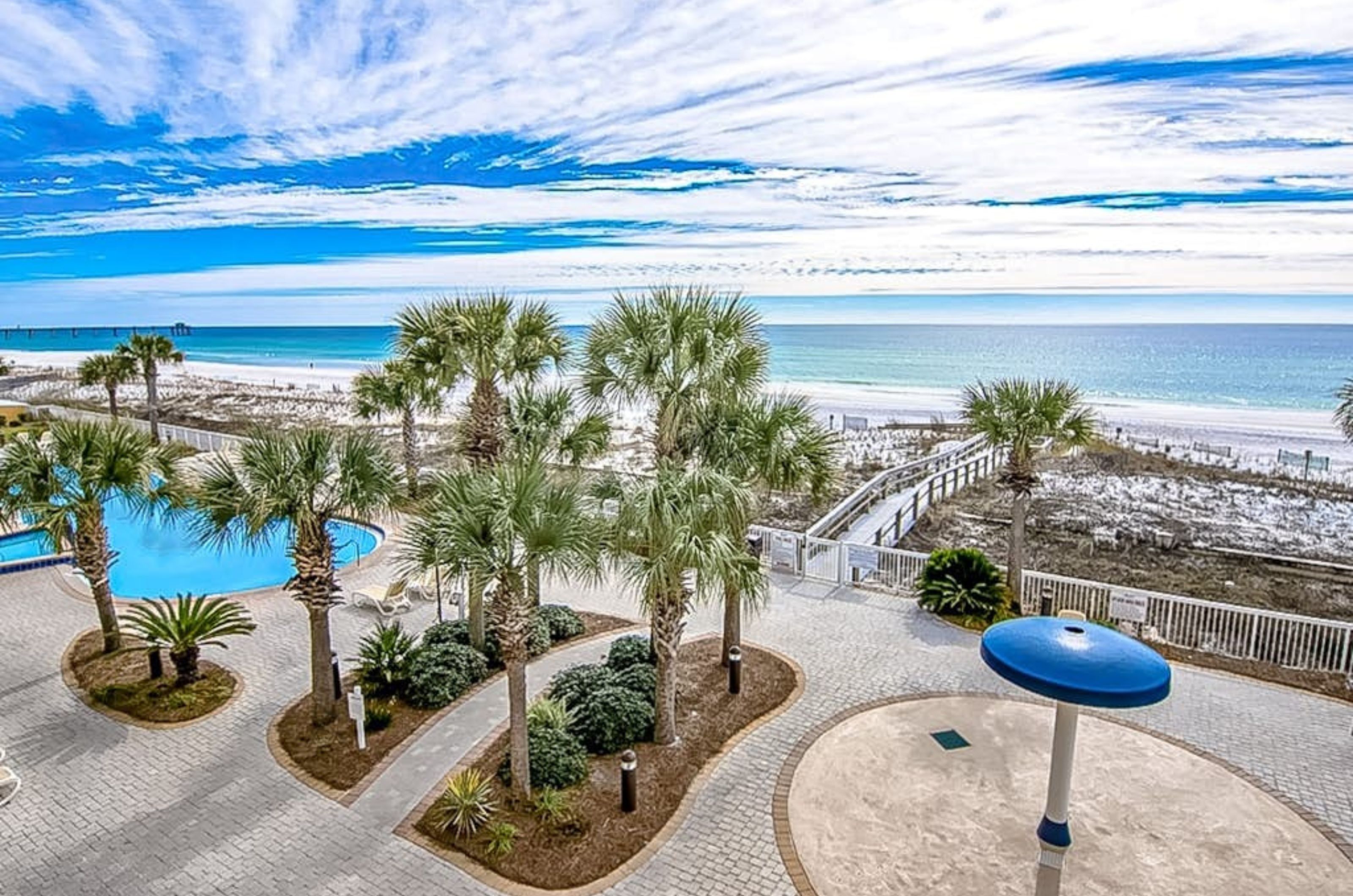 View from a balcony of the spray park and outdoor pool next to the Gulf of Mexico 