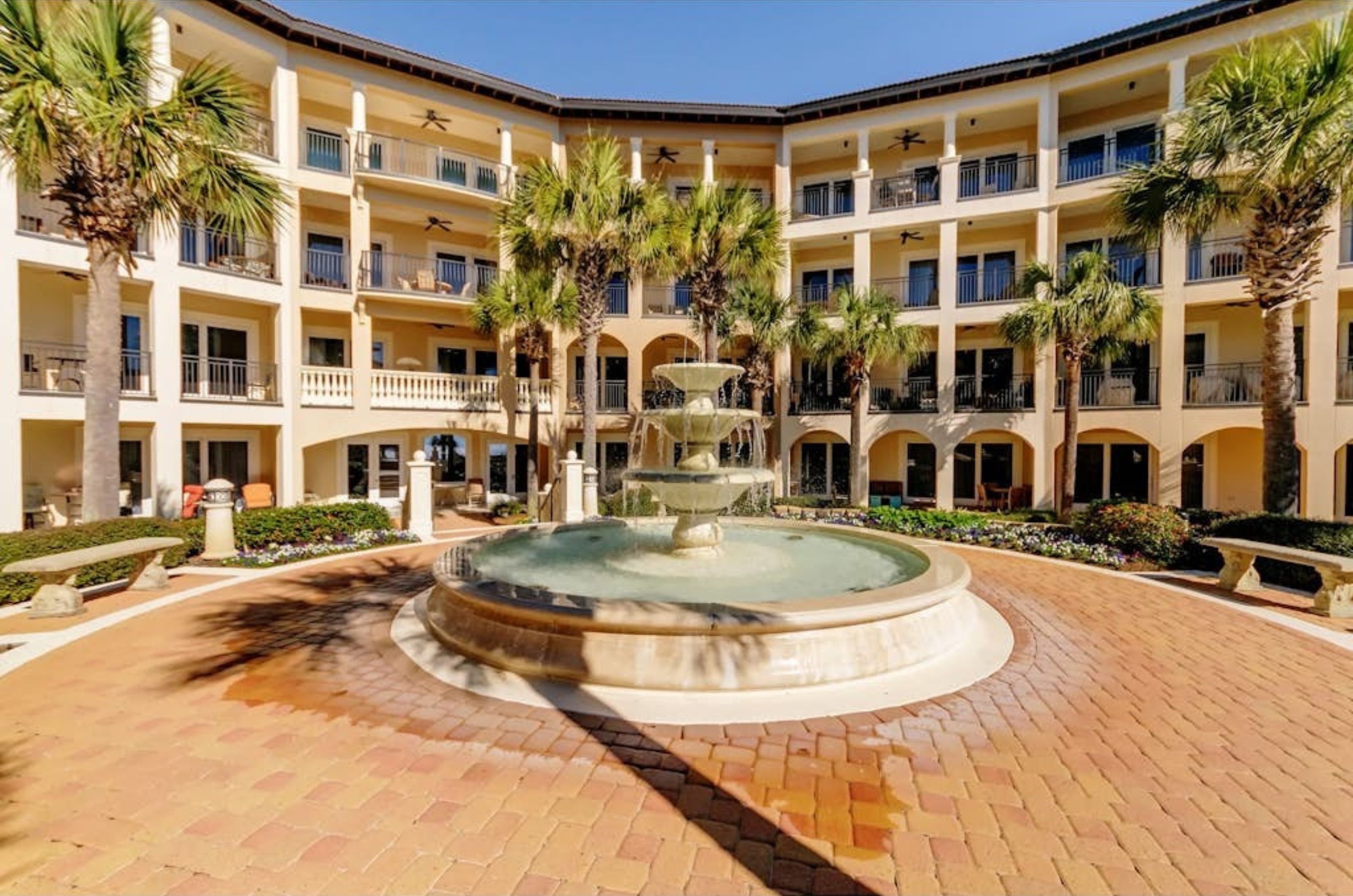 A large fountain in front of condominiums at Santa Rosa Beach Florida 