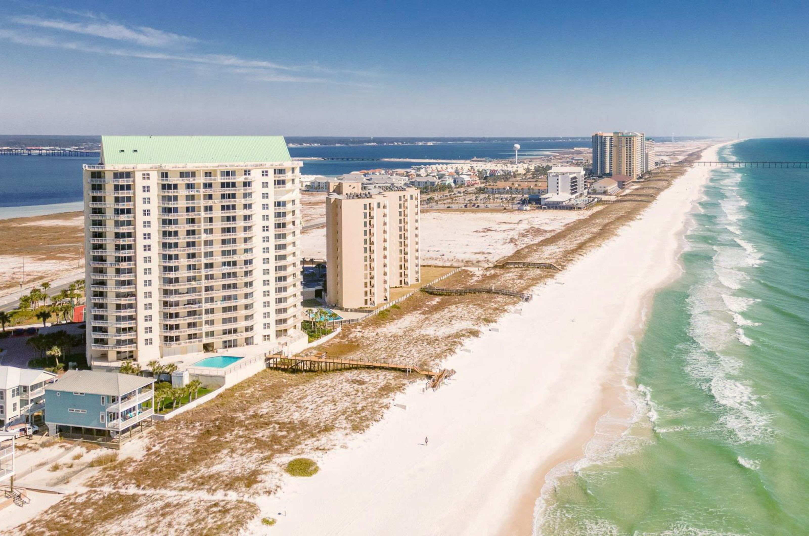 Aerial view of Belle Mer Condominiums and the Gulf Coast