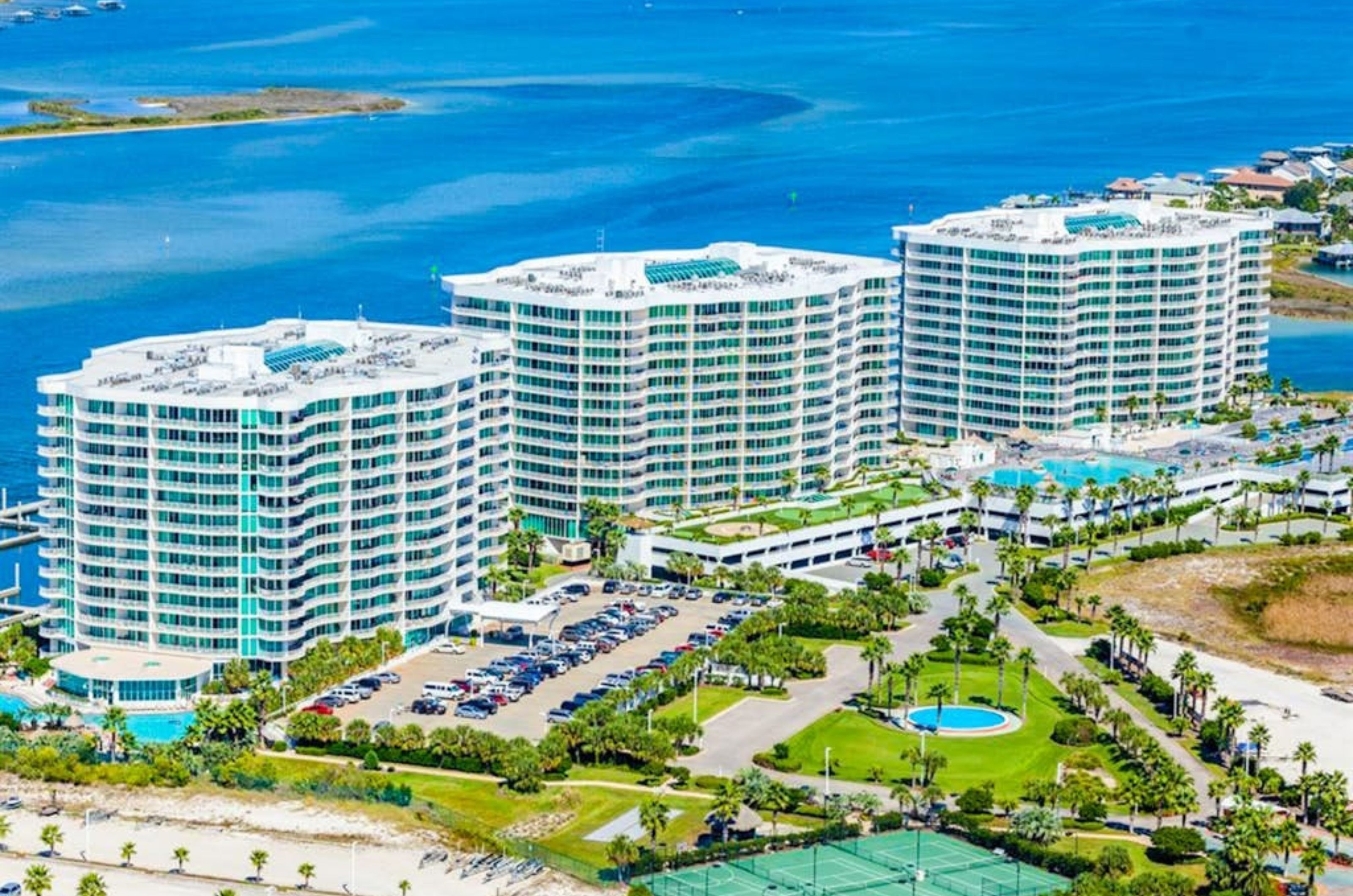 Birds eye view of Carbie Resort next to the Gulf in Orange Beach Alabama 