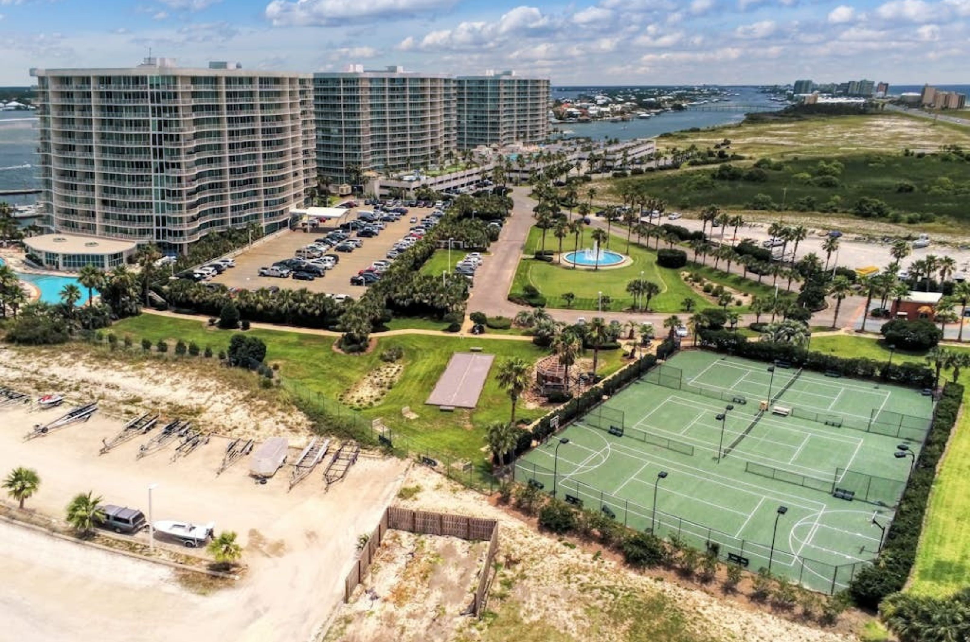 Aerial view of Caribe Resort and the property's outdoor amenities in Orange Beach Alabama 