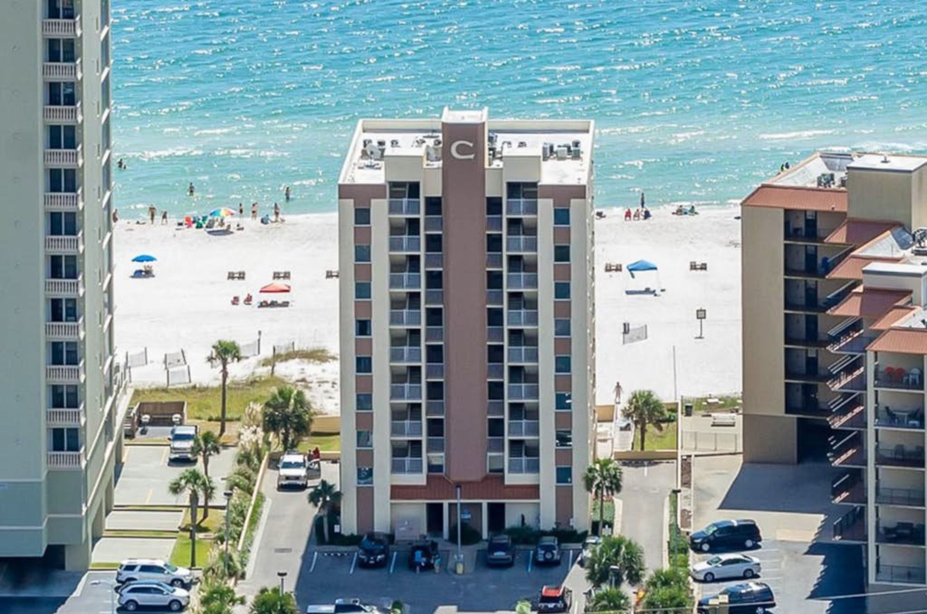 Bird's eye view of Clearwater Condos with the Gulf in the background	