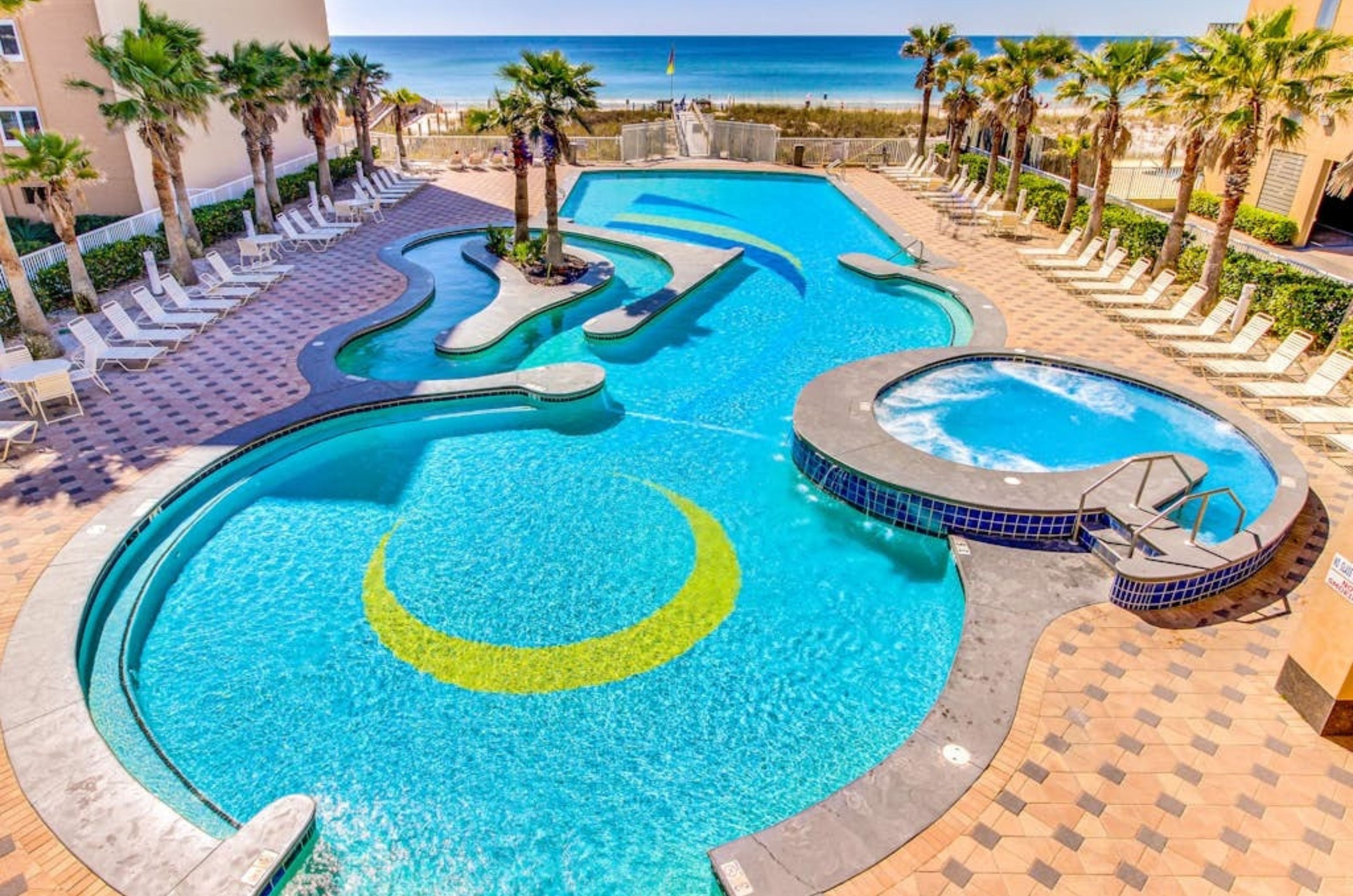 Overhead view of the outdoor swimming pool at Crystal Towers 