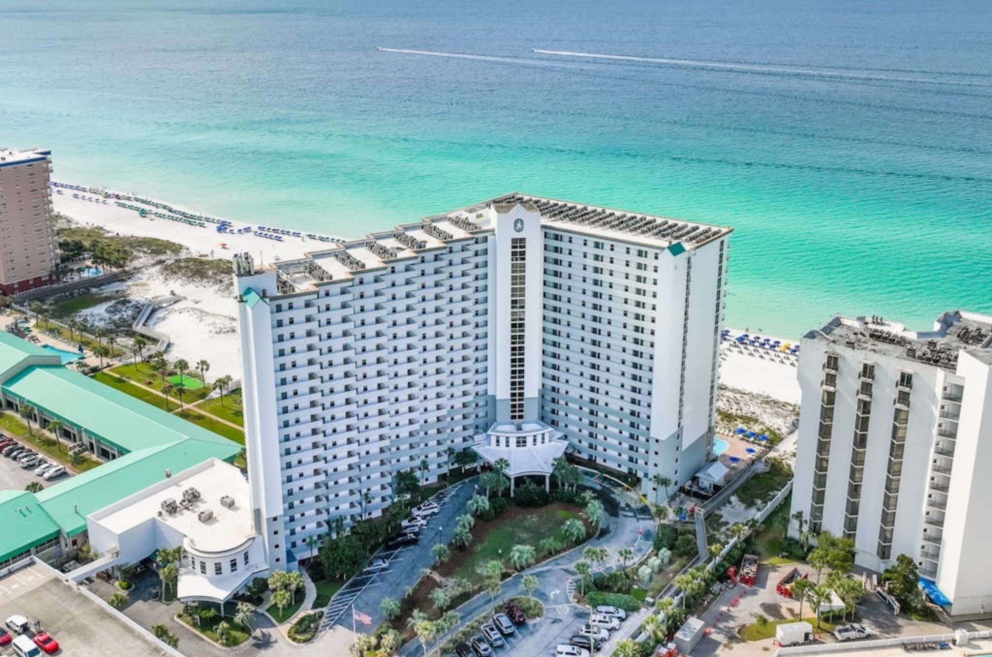 Aerial view of Pelican Beach Resort sitting on the Gulf in Destin Florida 