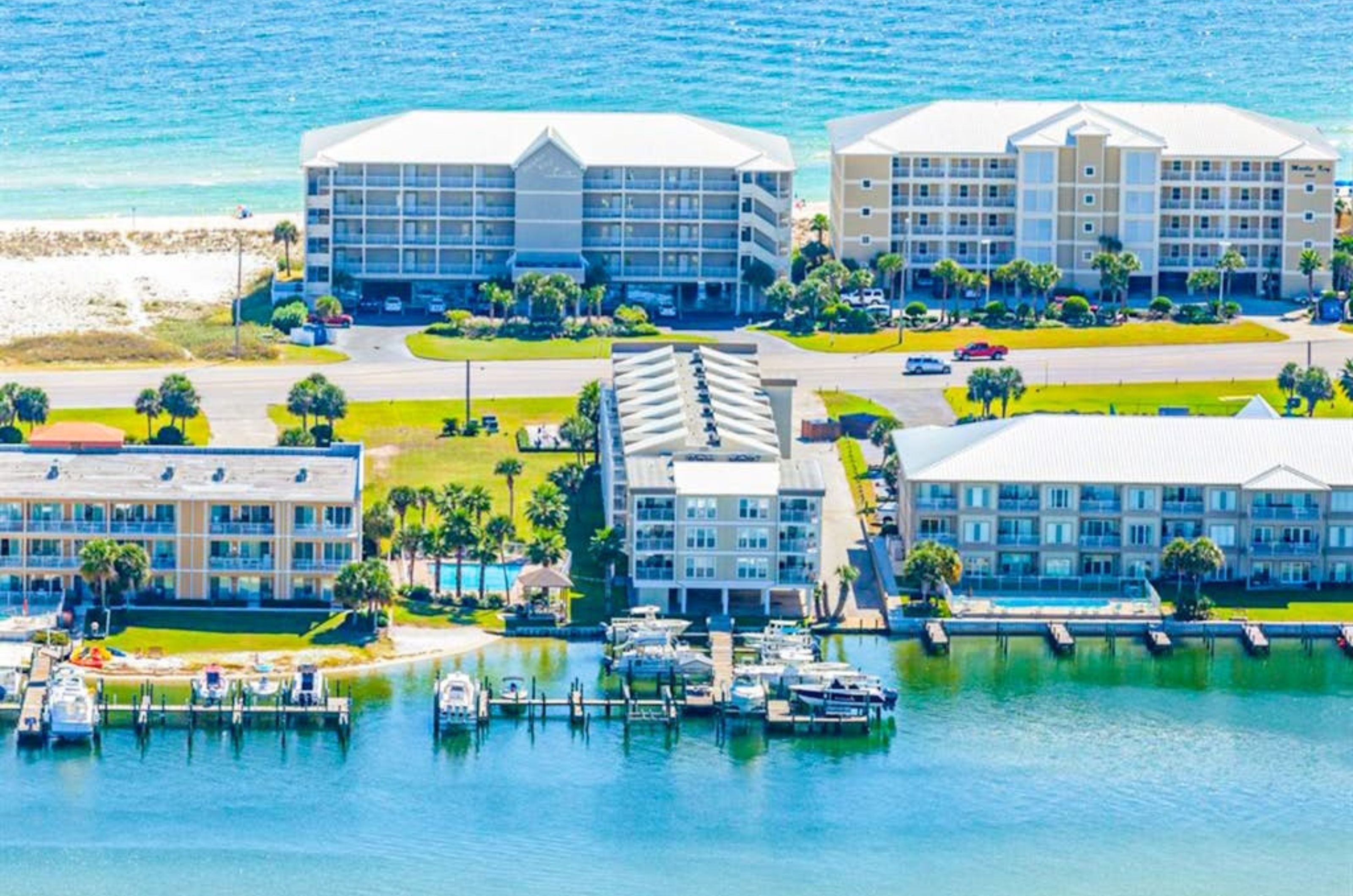 Birds eye view of Dolphin Key next to the Gulf in Orange Beach Alabama