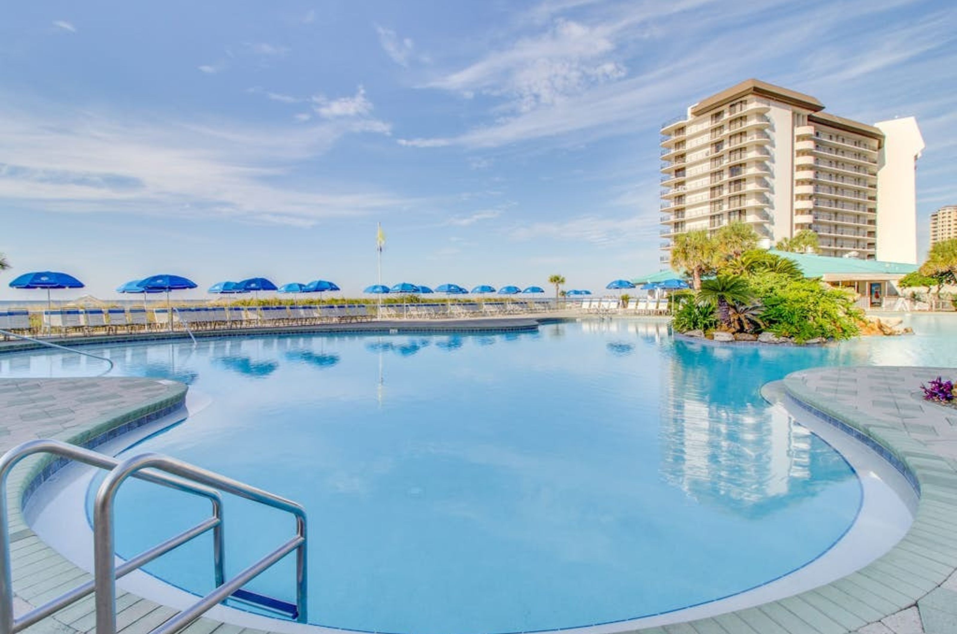 One outdoor swimming pool next tot he beach at Edgewater Beach and Golf Resort in Panama City Beach Florida