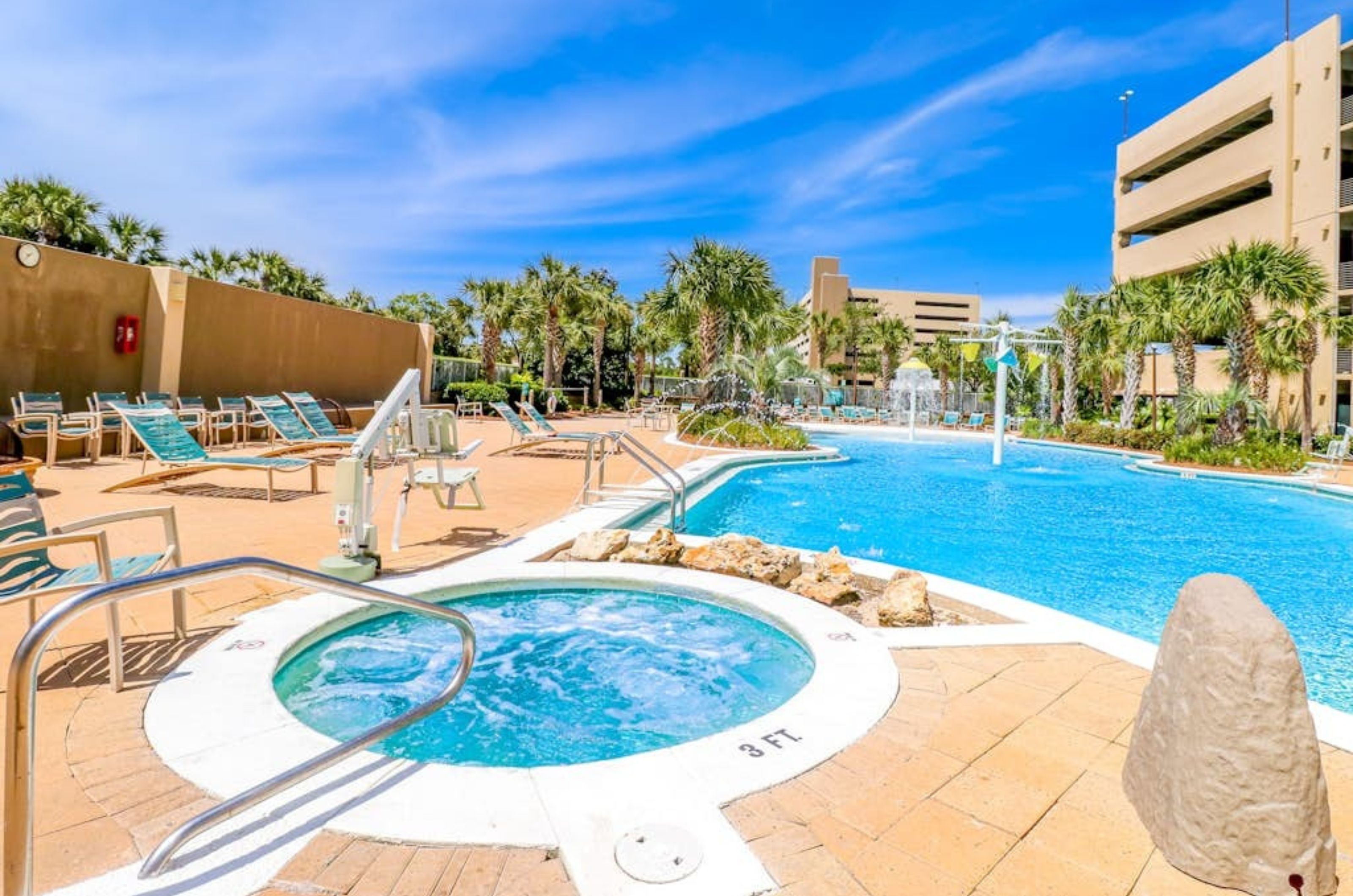 The outdoor hot tub and swimming pool at Emerald Beach Resort in Panama City Beach Florida 