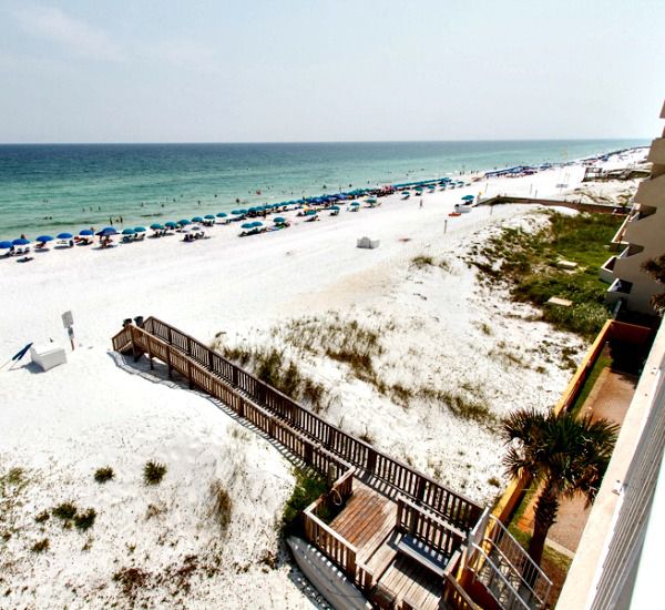 Panoramic view of the beach and Gulf from a private balcony at Gulfside Condo Fort Walton Beach