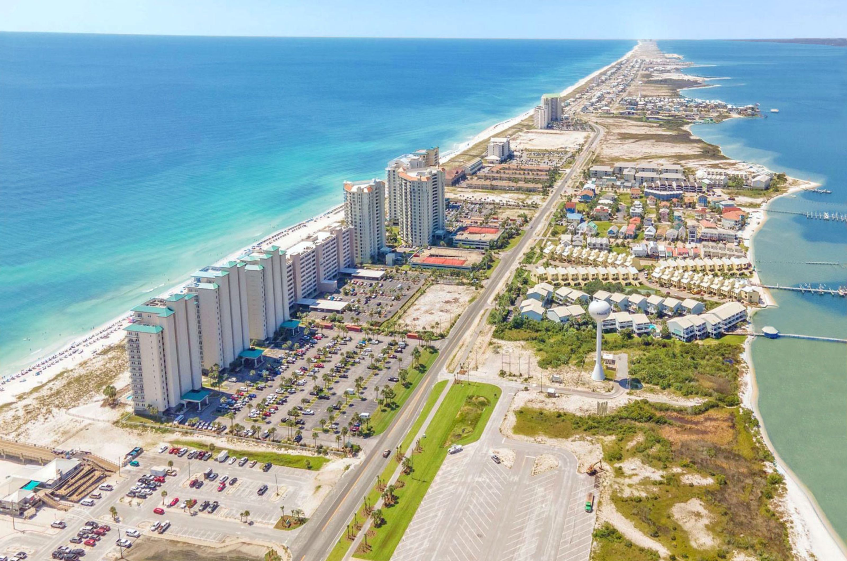 Aerial view of Navarre Beach on the Gulf and the Santa Rosa Sound