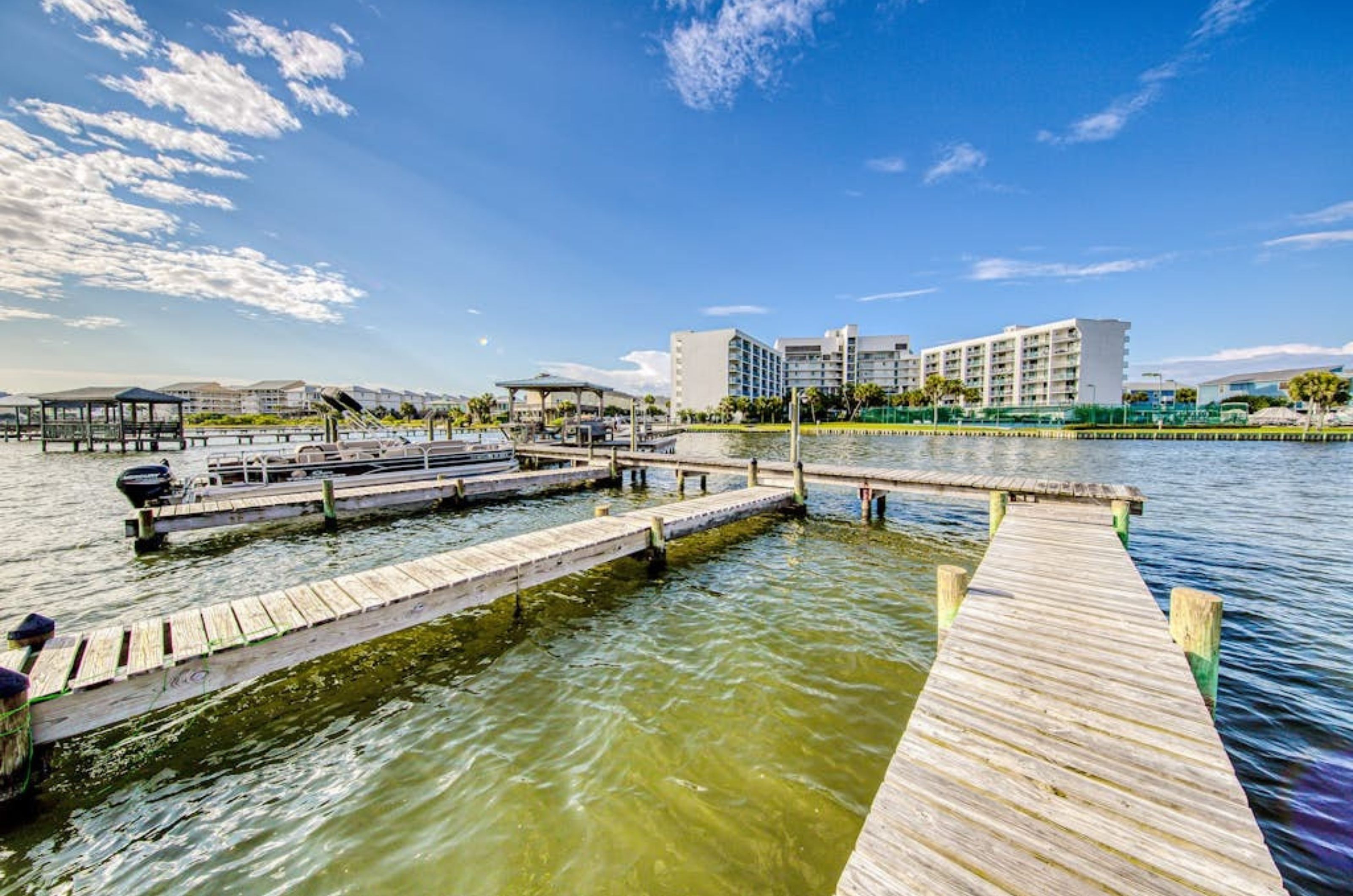 Boat slips on the lagoon in front of Gulf Shores Surf and Racquet Club in Gulf Shores Alabama 