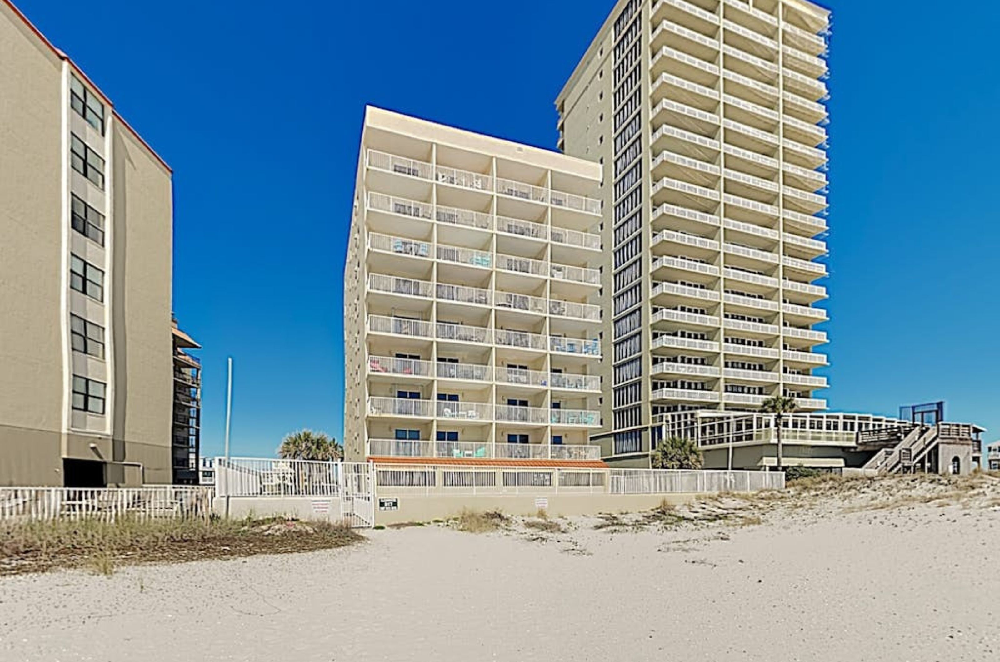 View of Clearwater Condominiums from the beach in Gulf Shores Alabama