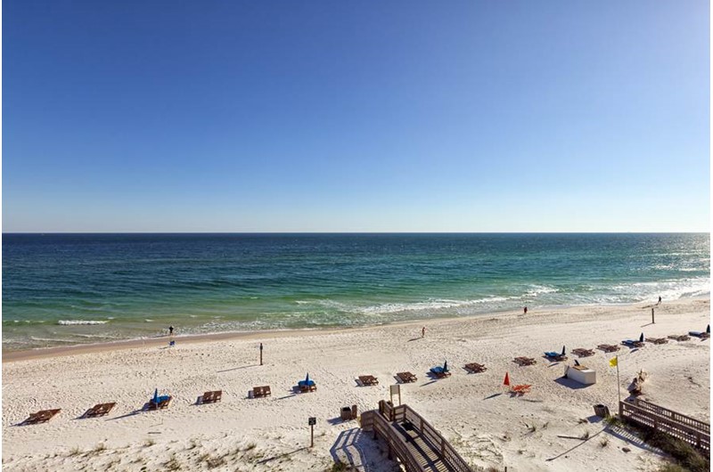 Balcony view of the beach and Gulf at Crystal Shores Gulf Shores