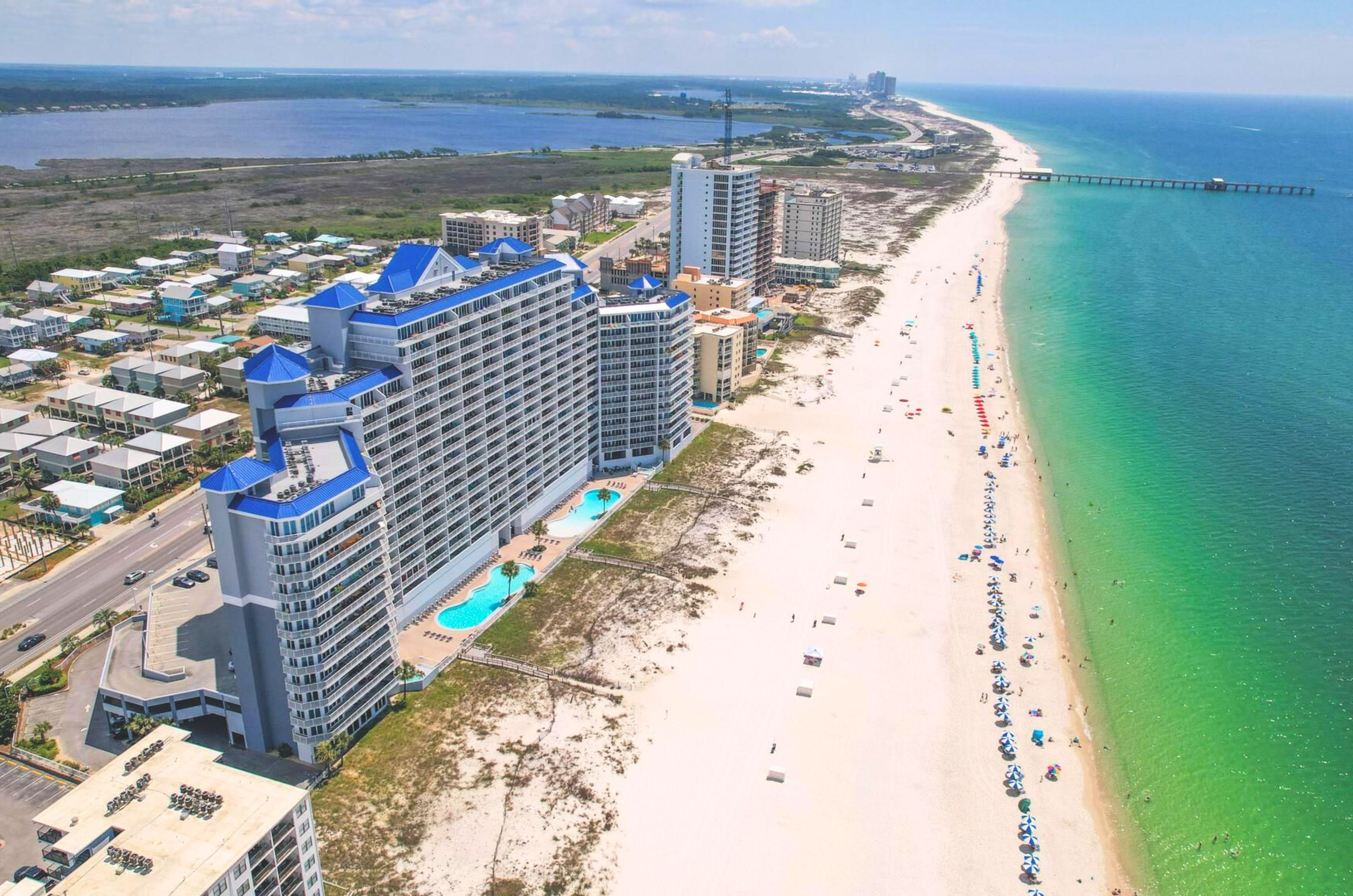 Aerial view of Lighthouse Condominiums in Gulf Shores Alabama 