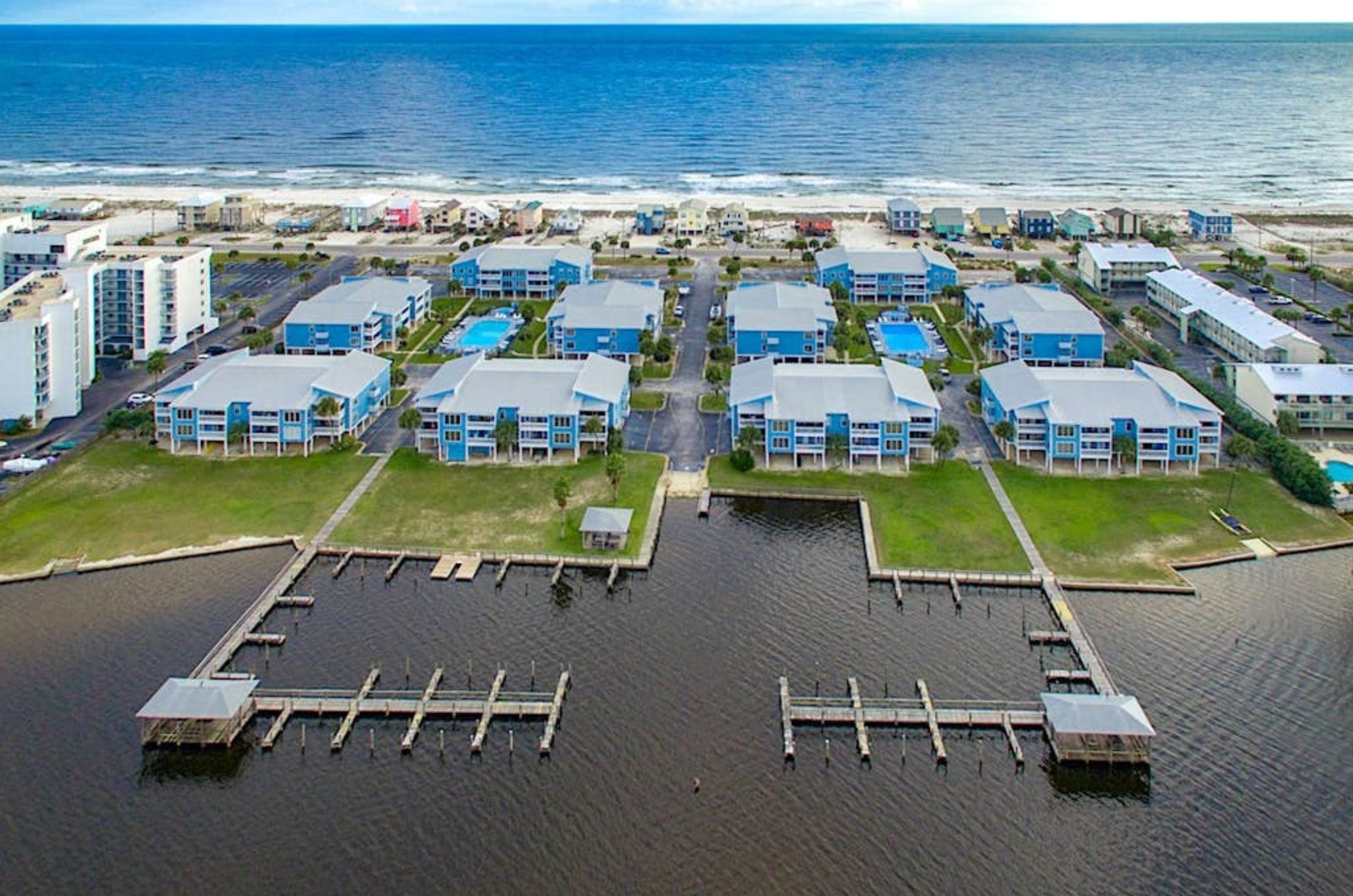 Aerial view of Sea Oats between the Gulf and Little Lagoon in Gulf Shores Alabama 