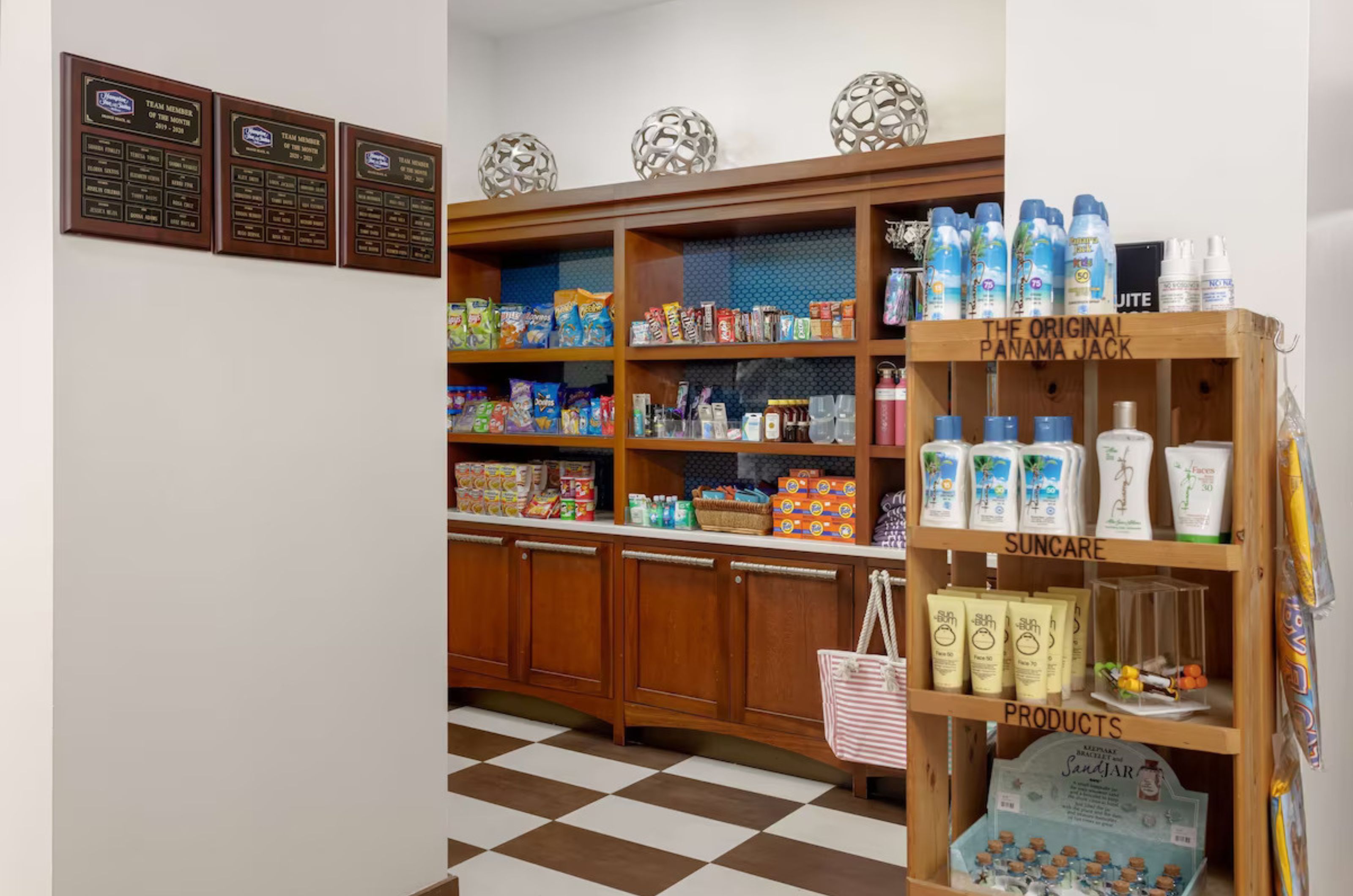 Shelves with snacks and toiletries in the on-site convenience store