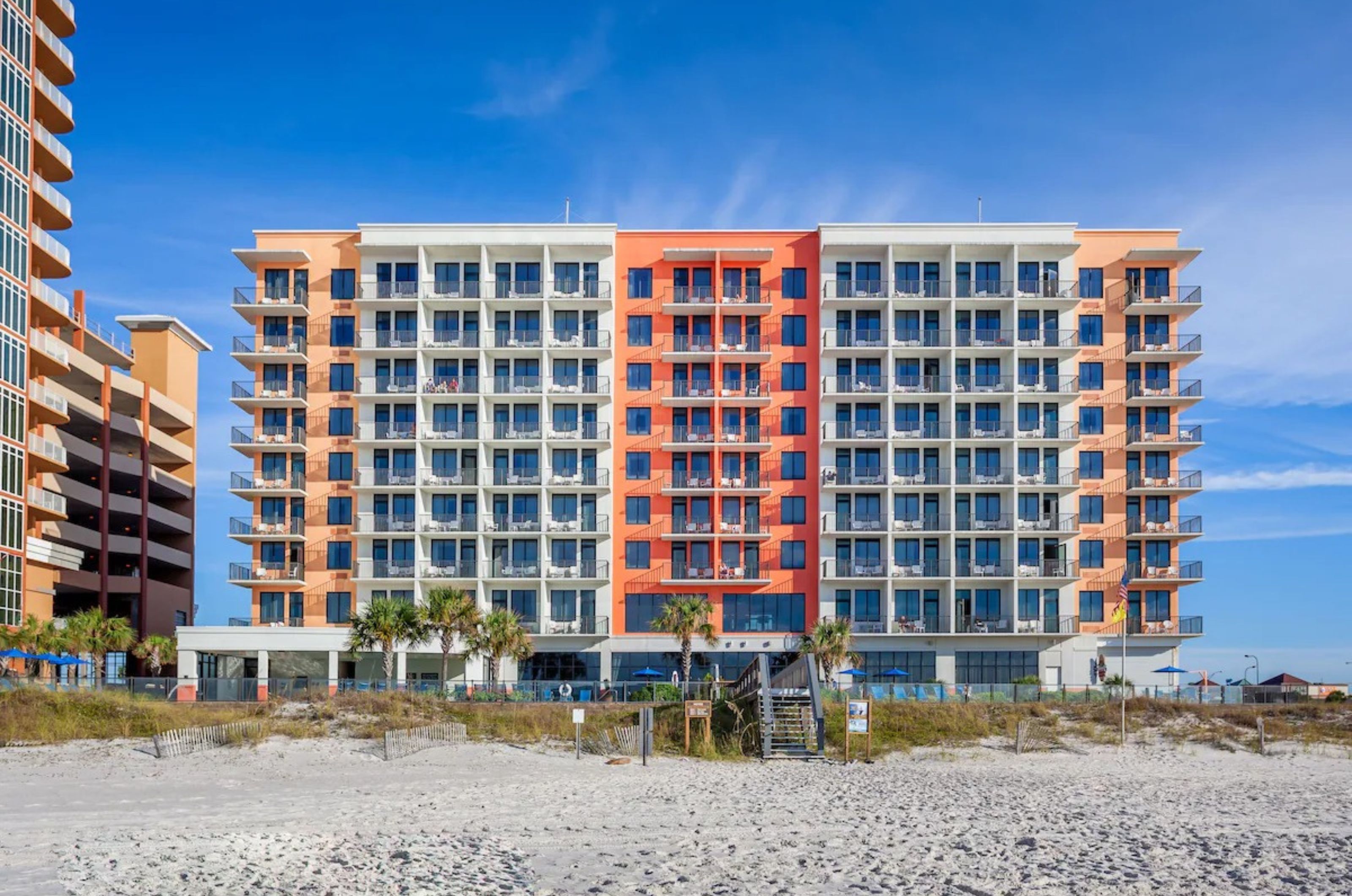 The beachfront facade of Hampton Inn & Suites	