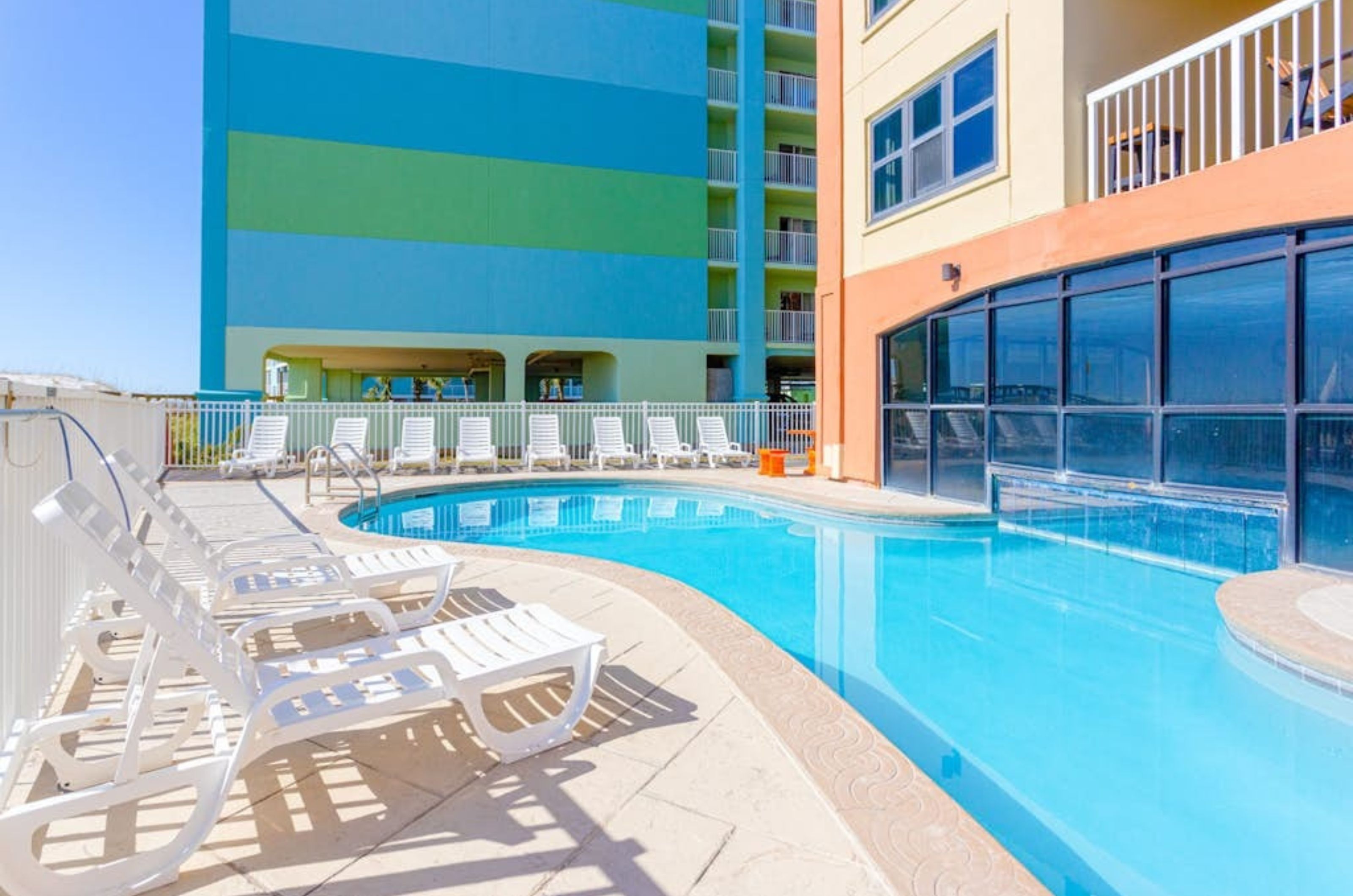 The outdoor section of the indoor/outdoor swimming poolat Harbour Place in Orange Beach Alabama 