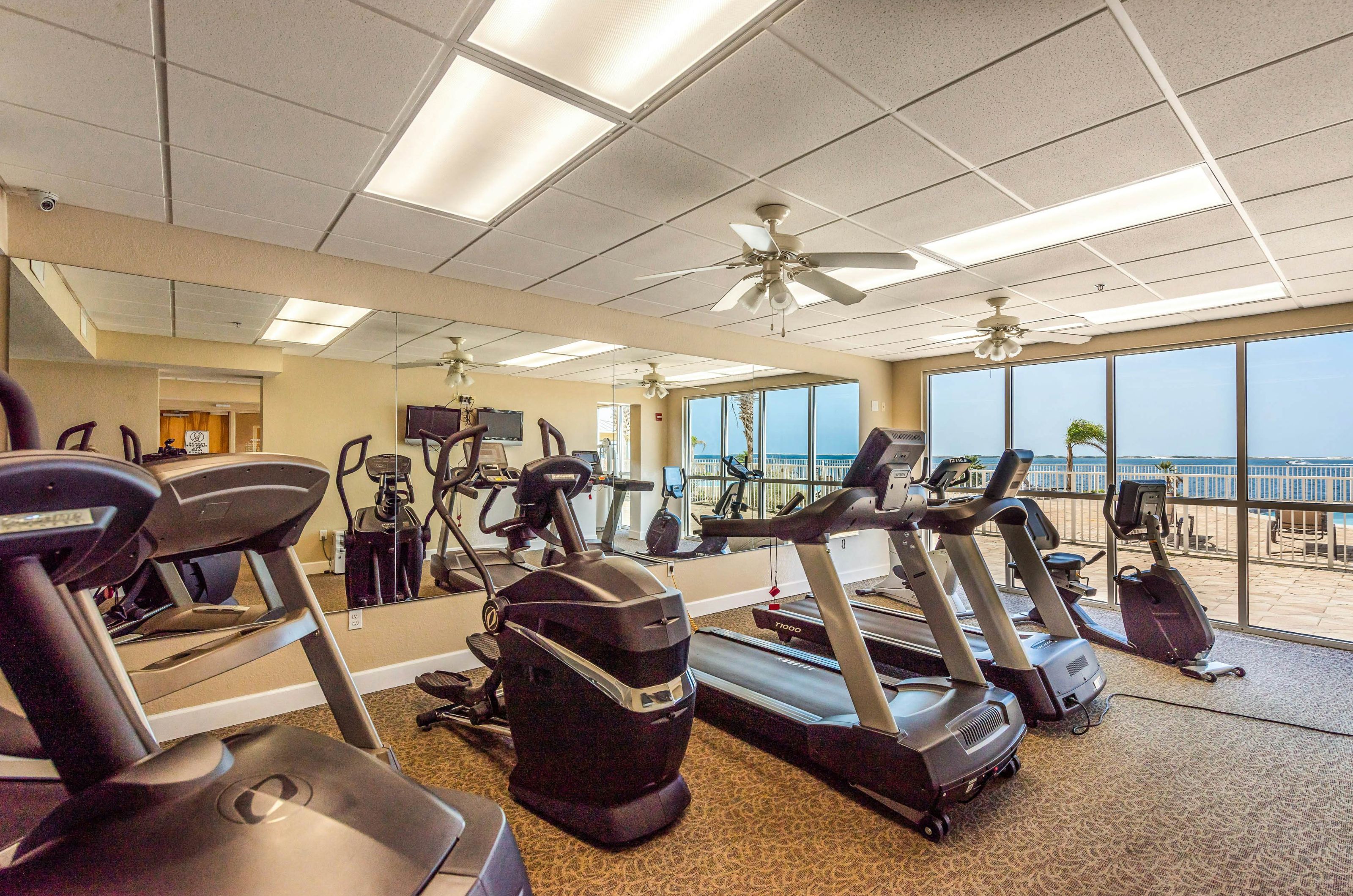 Cardio equipment in the fitness center with water views	