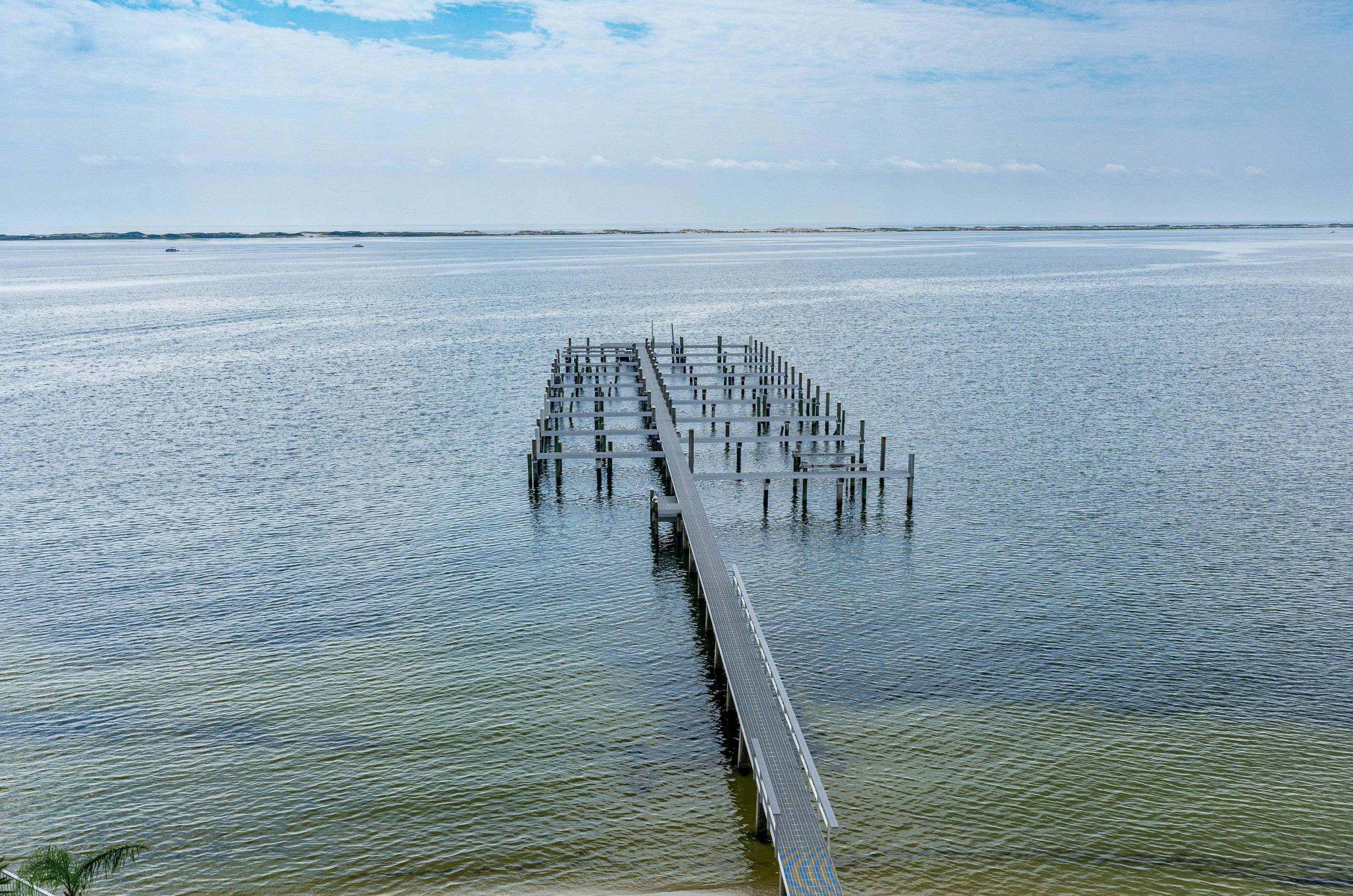 Aerial view of a boardwalk on the water	