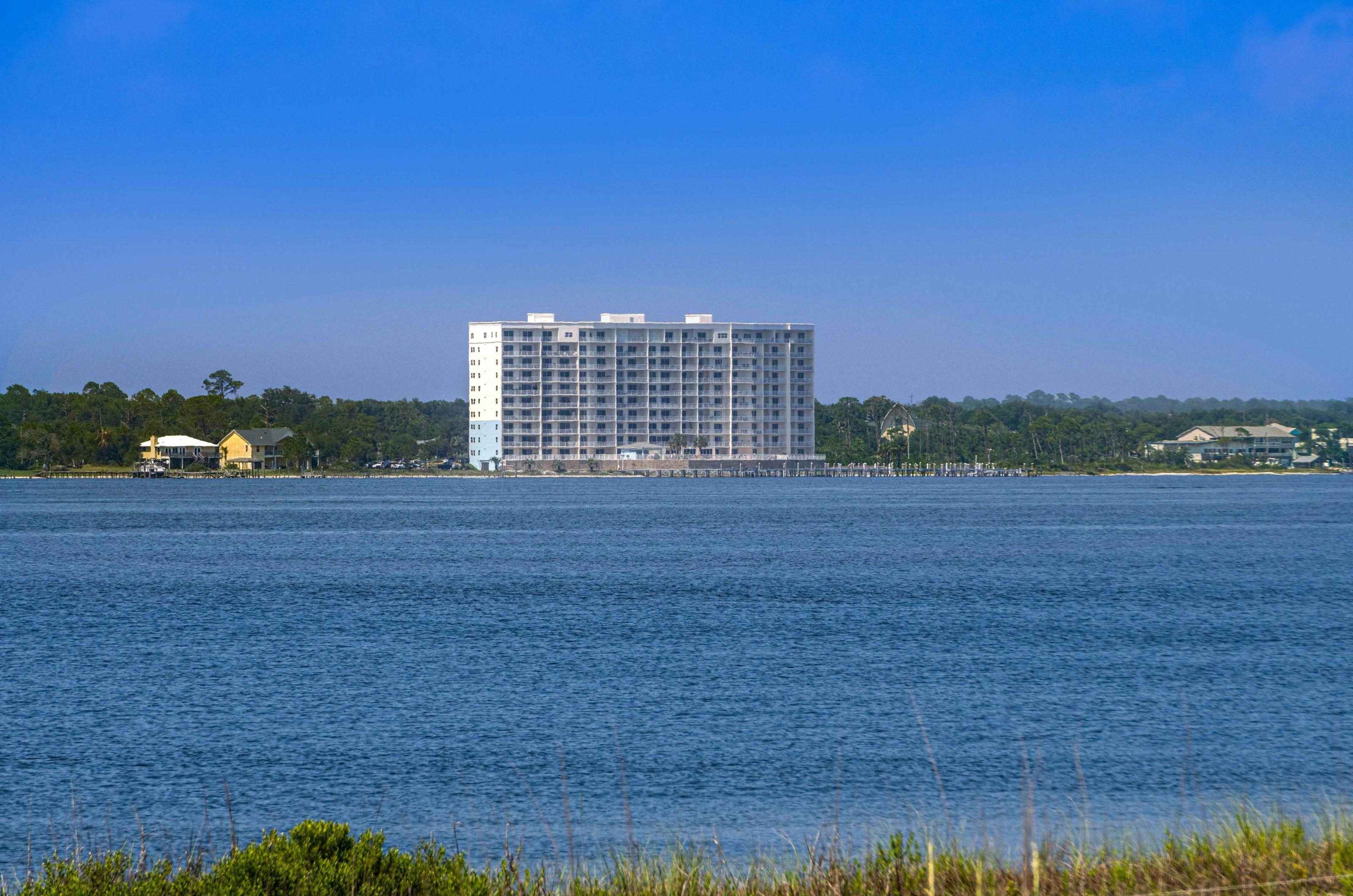 View of the exterior of Harbour Pointe from the Big Lagoon 