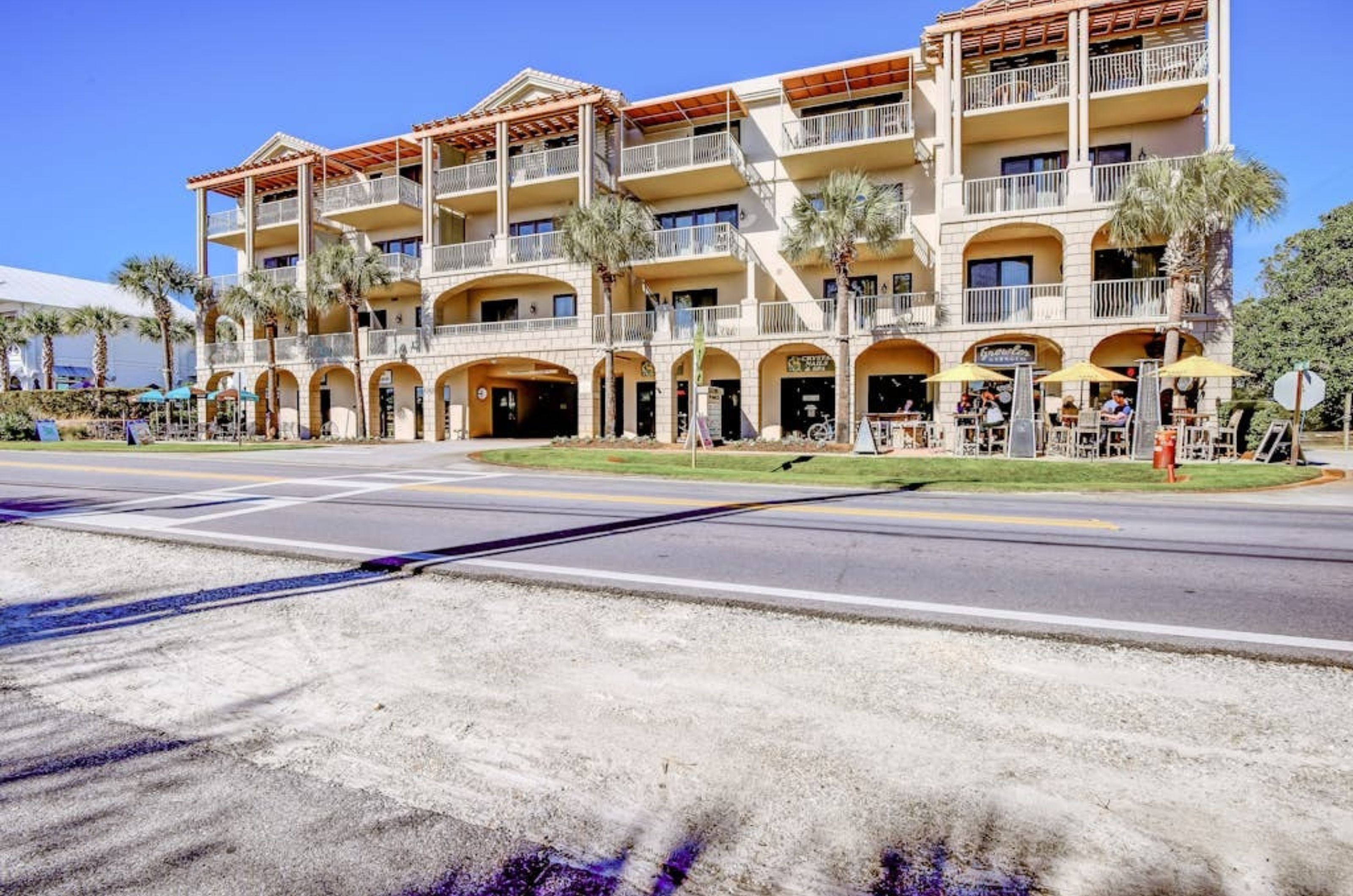 View from the street of the exterior of Abacos in Santa Rosa Beach Florida 