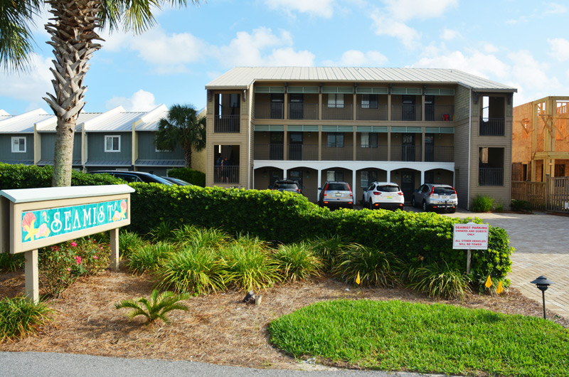 Front view of Seamist Condominiums in Seacrest Beach FL. A three story hwy 30a vacation rental property located gulf front.