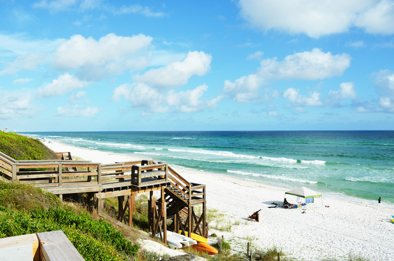 Beautiful view from the newly remodeled boardwalk at Seamist Condominiums of beautiful white sand on Seacrest Beach Florida.