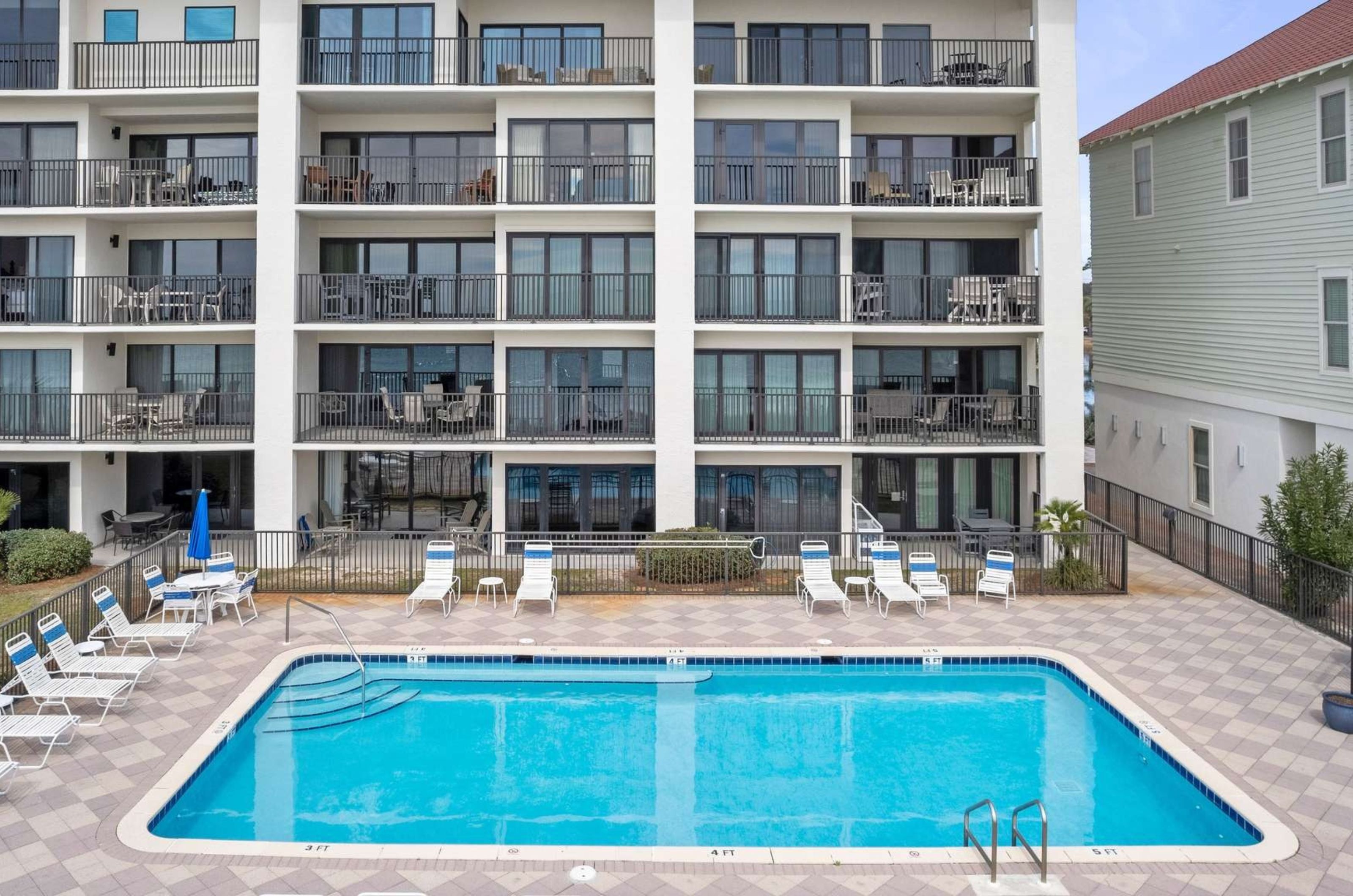 The Gulf-side outdoor pool in front of Huntington by the Sea in Destin Florida 