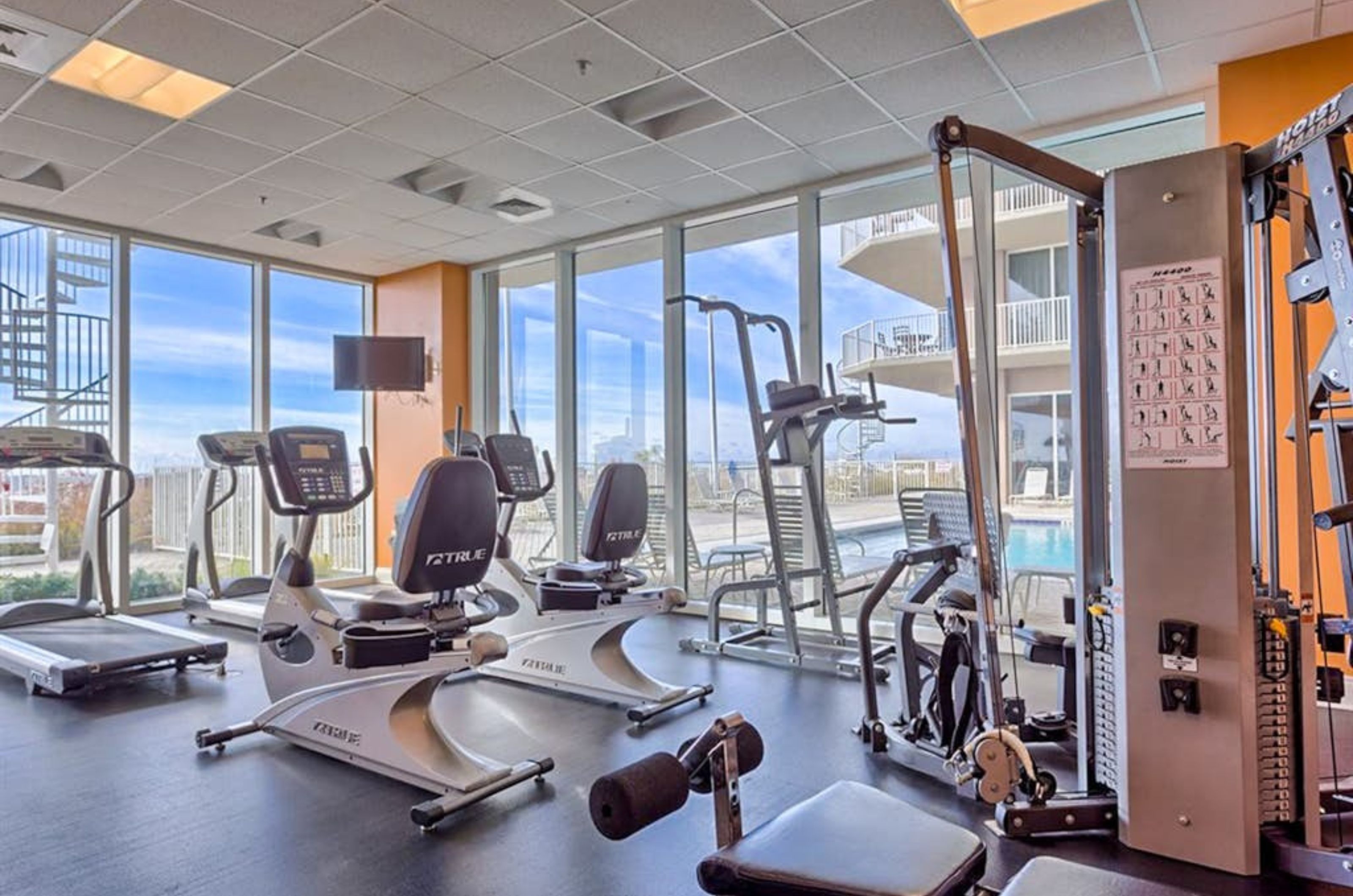 Cardio and strength equipment in the on-site fitness center at Mediterranean 