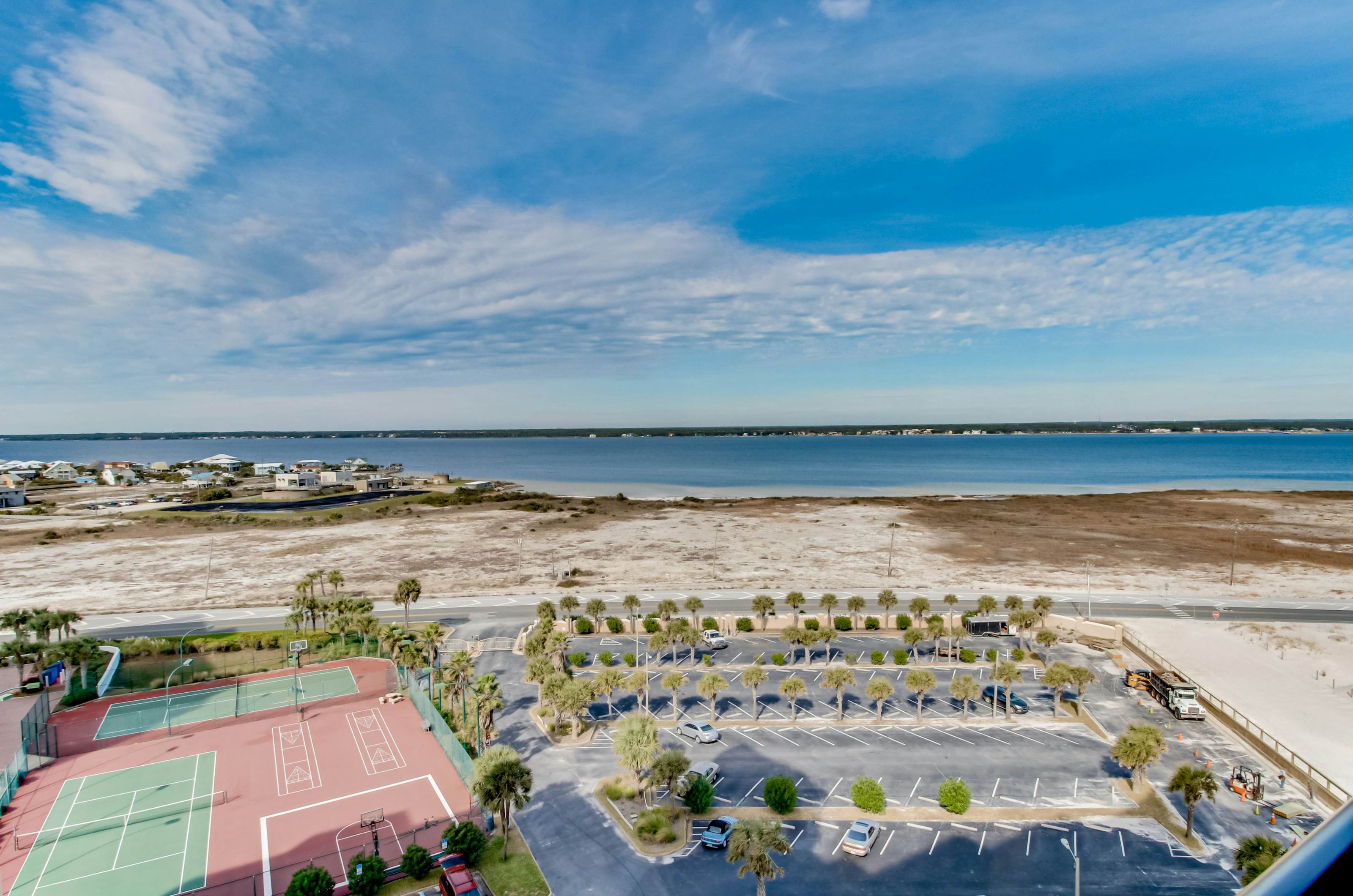 Aeral view of the parking lot and outdoor courts next to the Santa Rosa Sound 