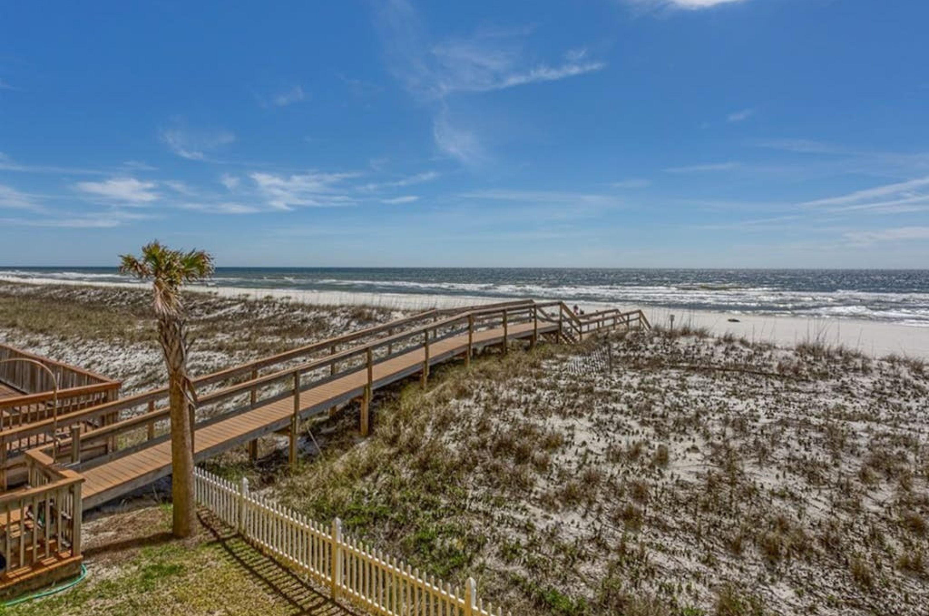 Aerial view of the boardwalk leading to the beach in Perdido Key Florida 