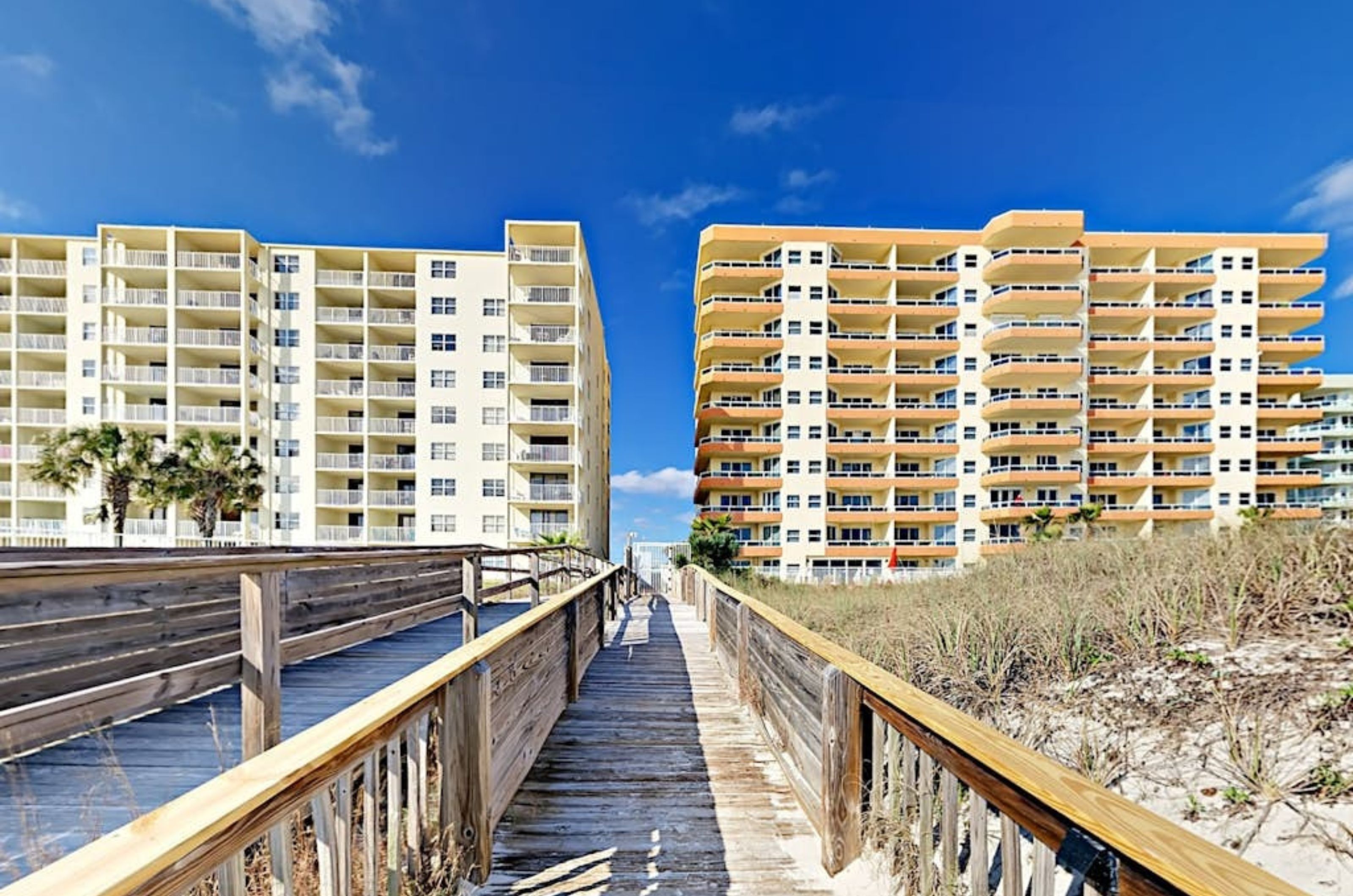 A wooden boardwalk leading from the Enclave in Orange Beach Alabama 