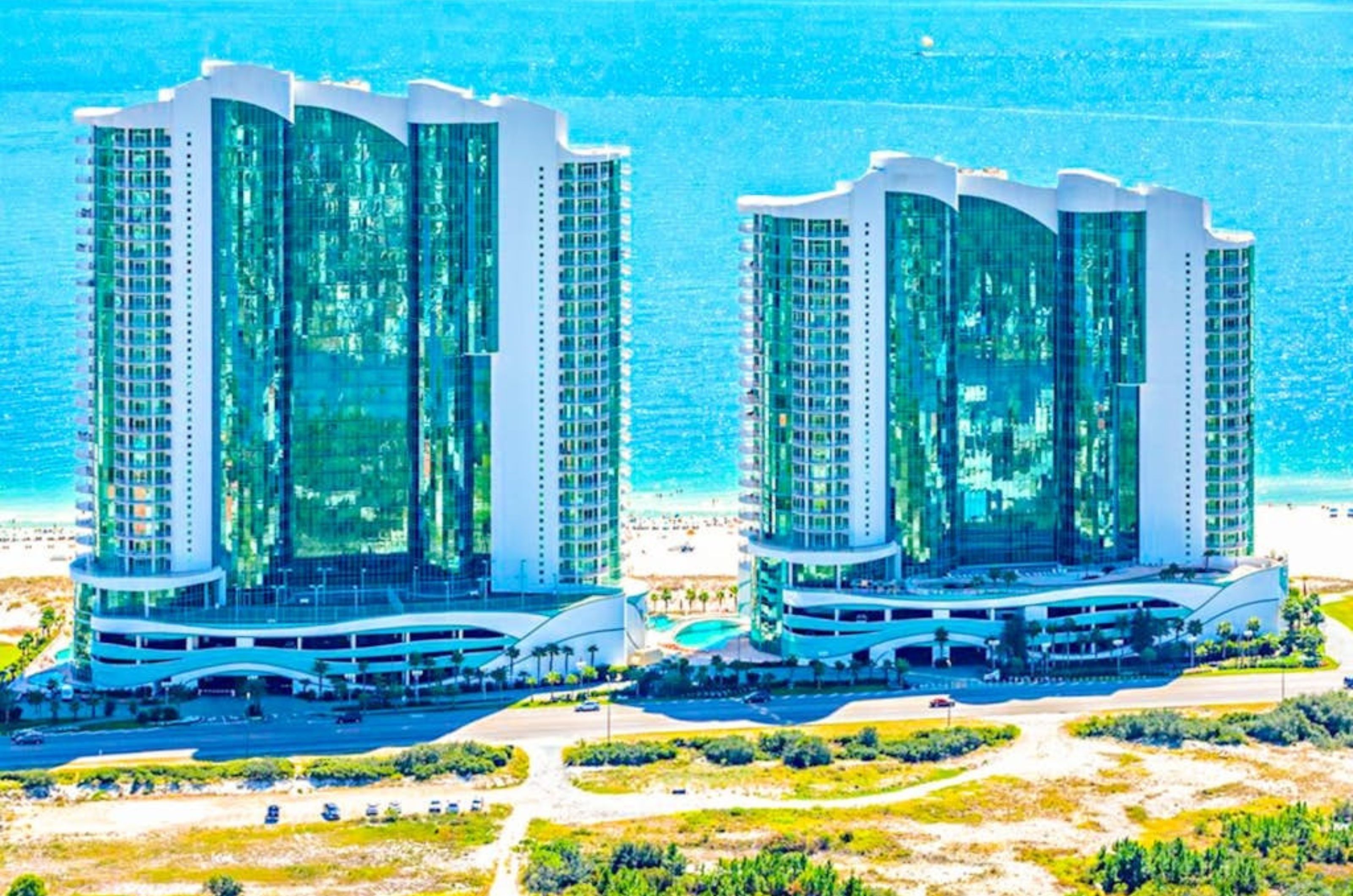 Birds eye view of the streetside exterior of Turquoise Place in Orange Beach Alabama