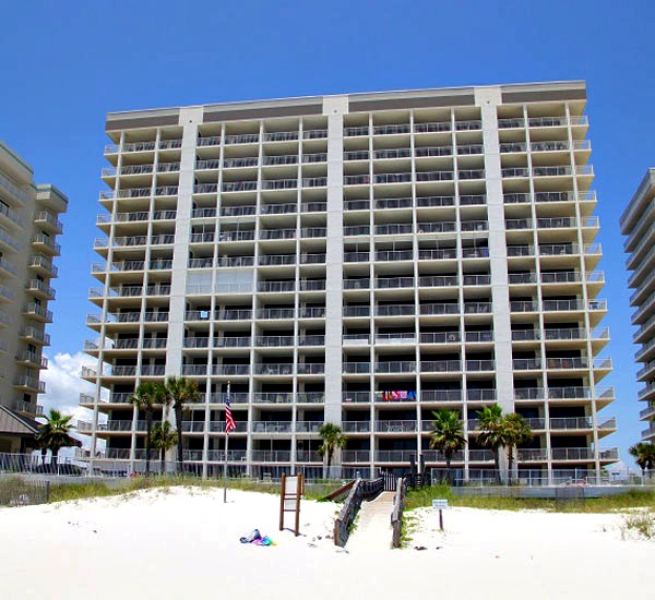 View as seen from beach of Windward Pointe Condominiums in Orange Beach Alabama