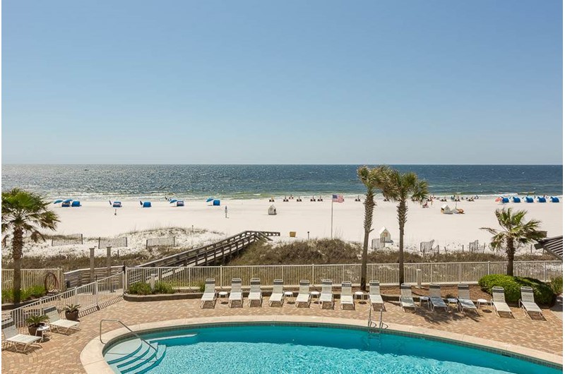 Enjoy a view of the pool and beach from Windward Pointe Condominiums in Orange Beach Alabama