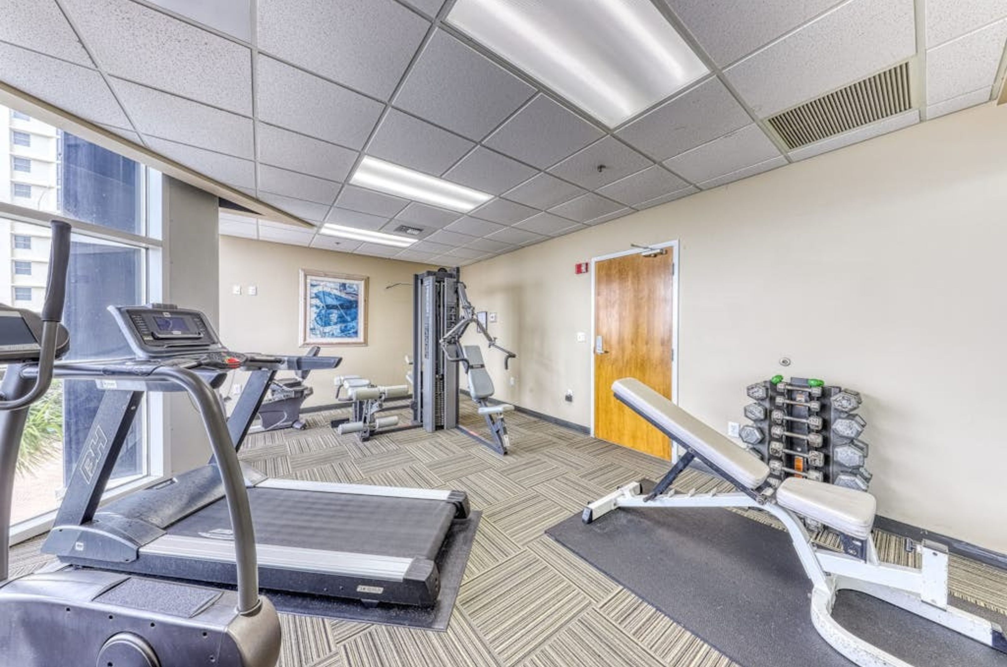 The well-equipped gym at Palacio Condos with strength and cardio equipment 