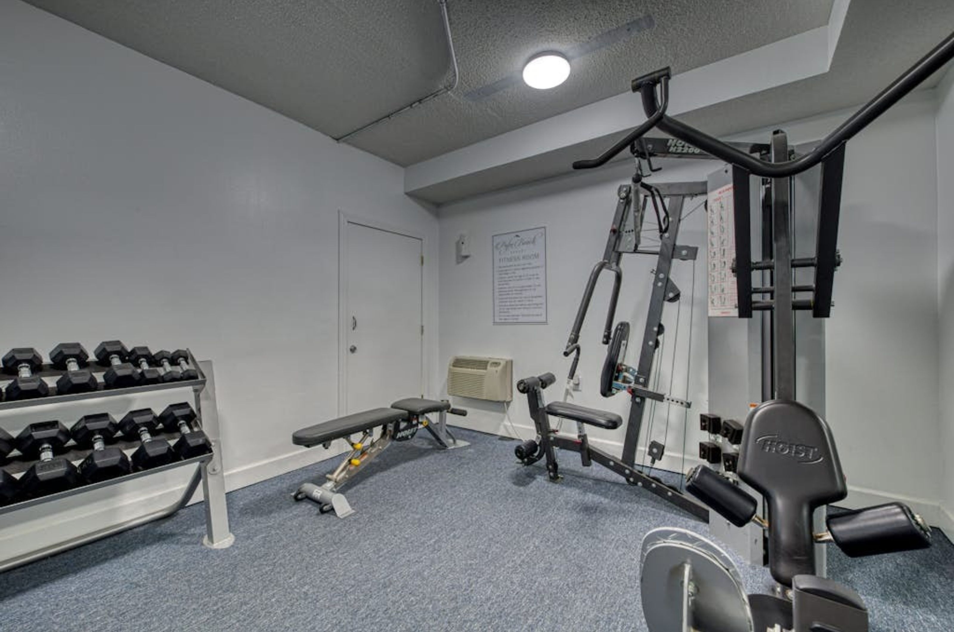 Free weights and strength equipment in the gym at Palm Beach Condos in Orange Beach Alabama