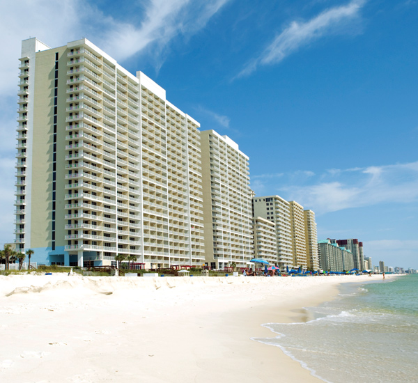 Beachside exterior view at Majestic Beach Resort in Panama City Beach FL