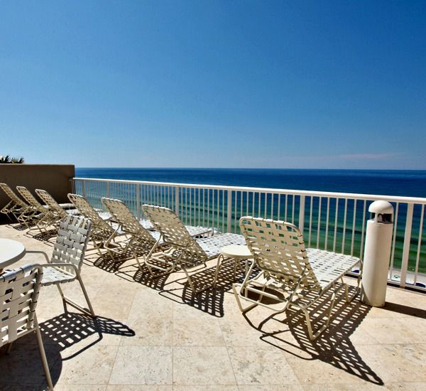 Pool deck overlooking the beach at Palazzo Resort Condominiums in Panama City Beach Florida