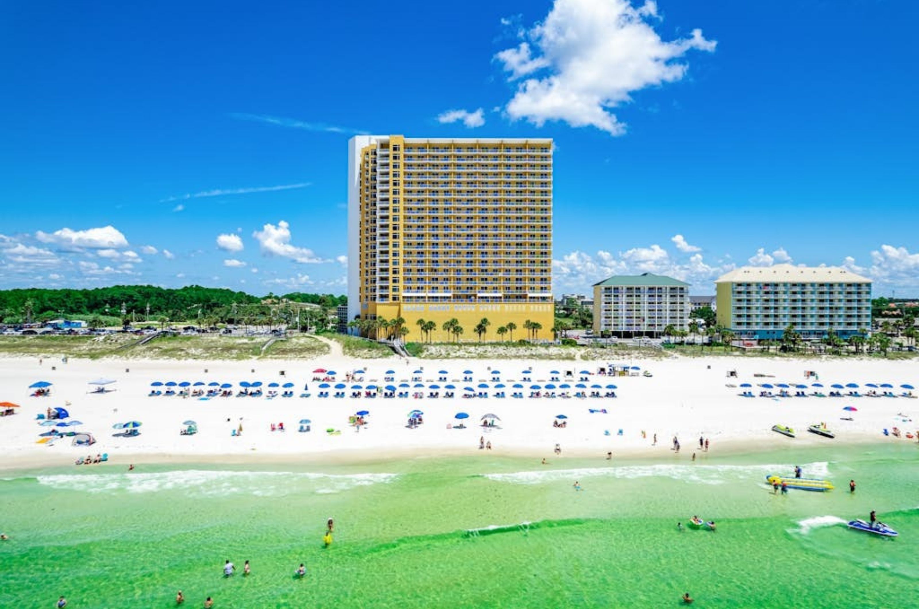 Birds eye view of Sterling Reef with the beach and Gulf in front 