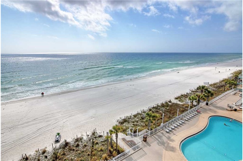 View the pool and Gulf at Watercrest Condominiums in Panama City Beach Florida
