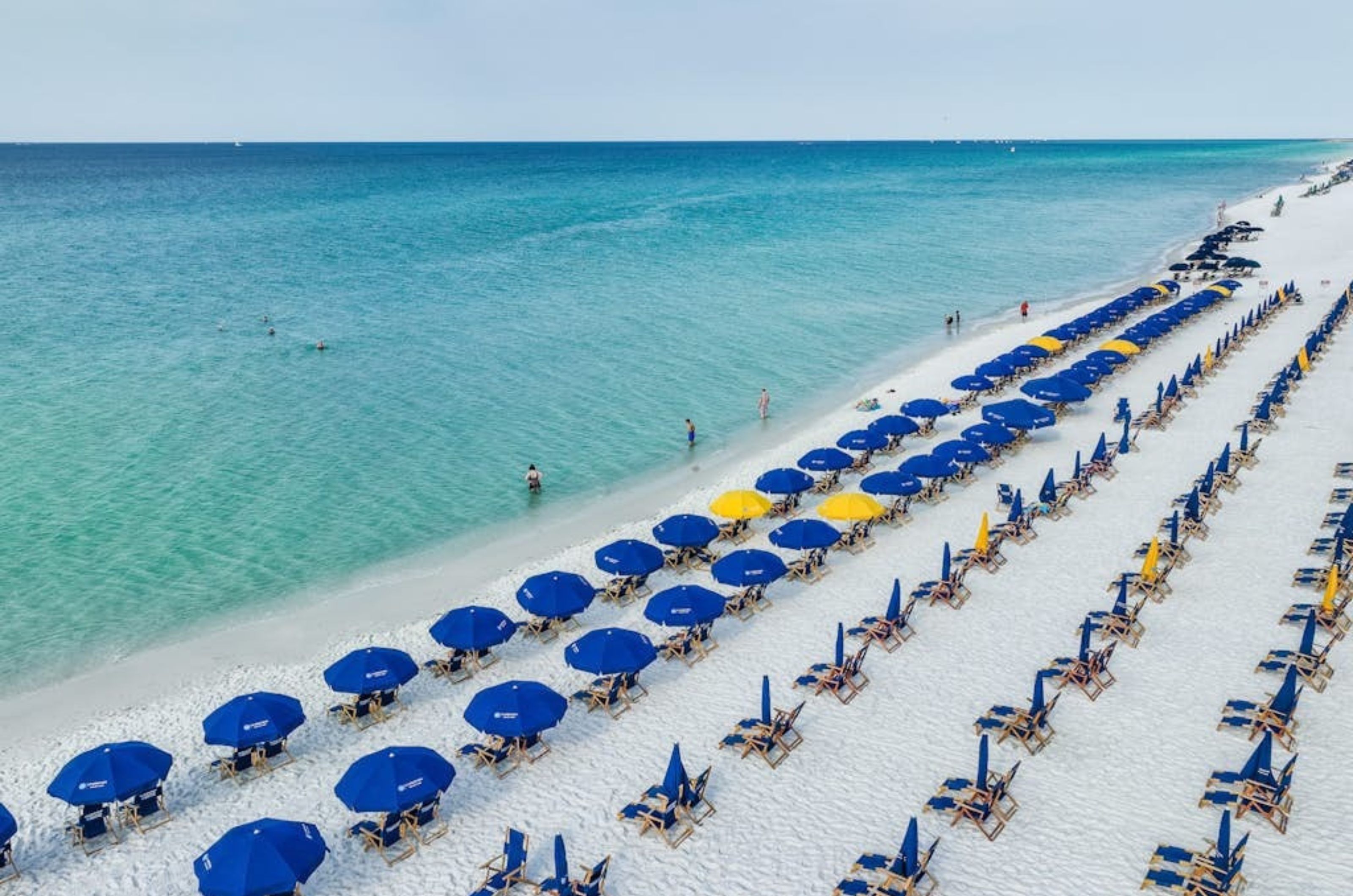 Bird's eye view of the beach with lounge chairs and umbrellas 