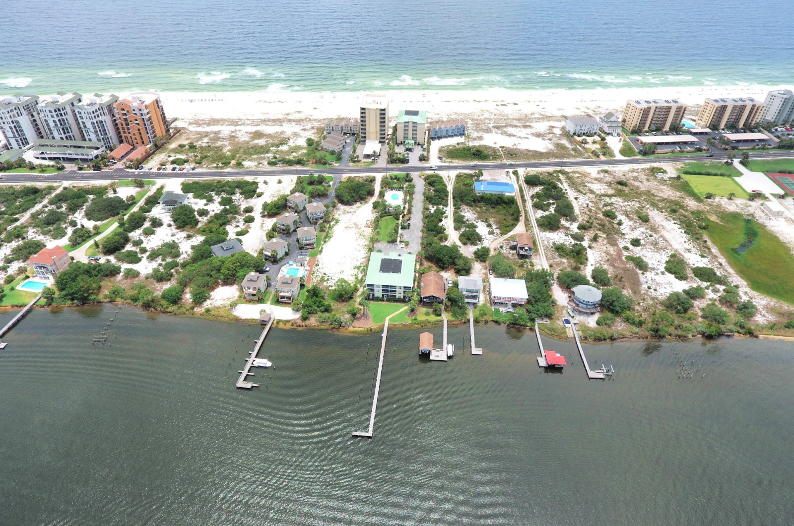 aerial view of beachfront and soundfront luxury homes in Pensacola Beach Florida