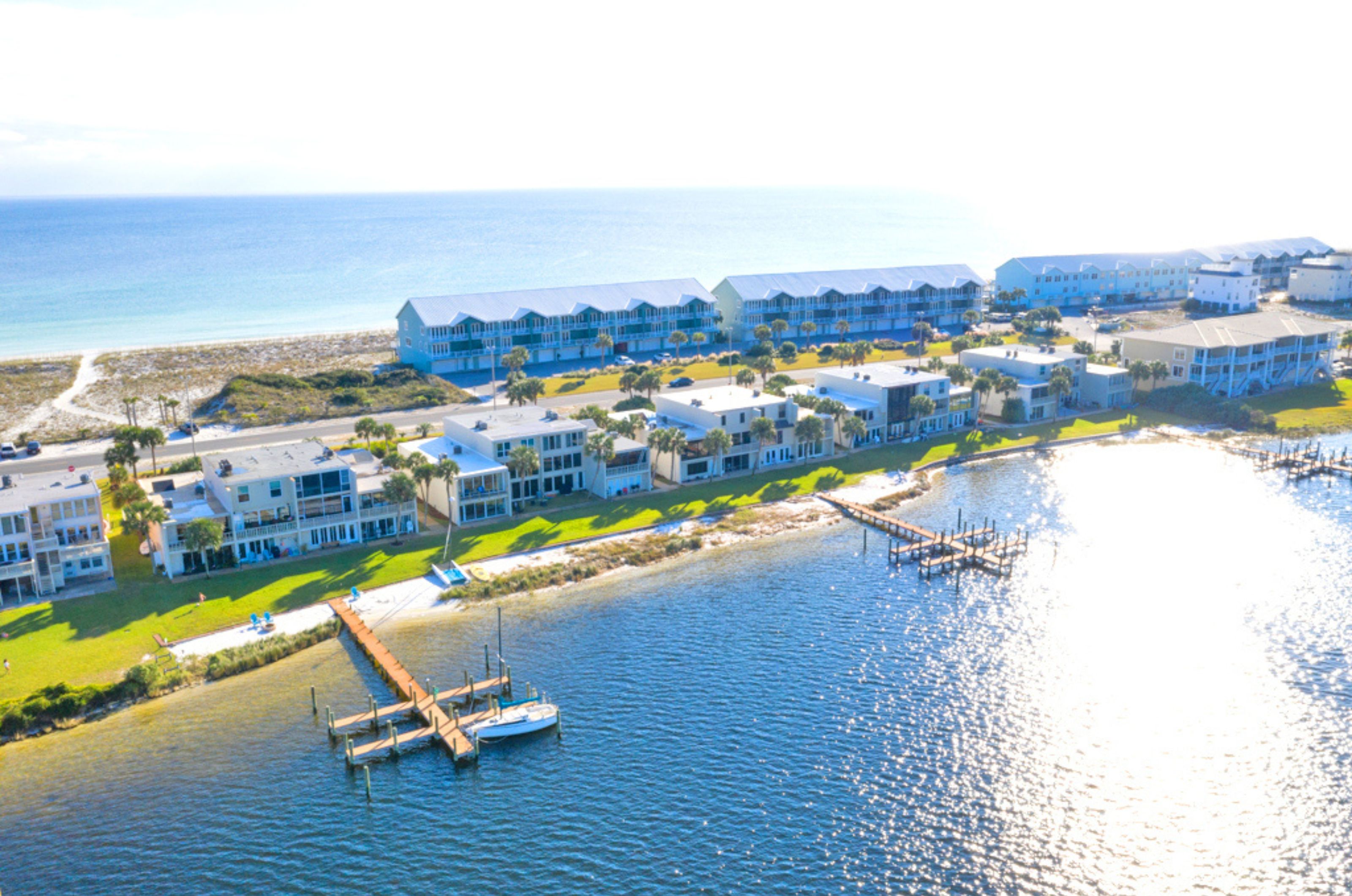Aerial view of Treehouse Townhomes in Pensacola Beach Florida	