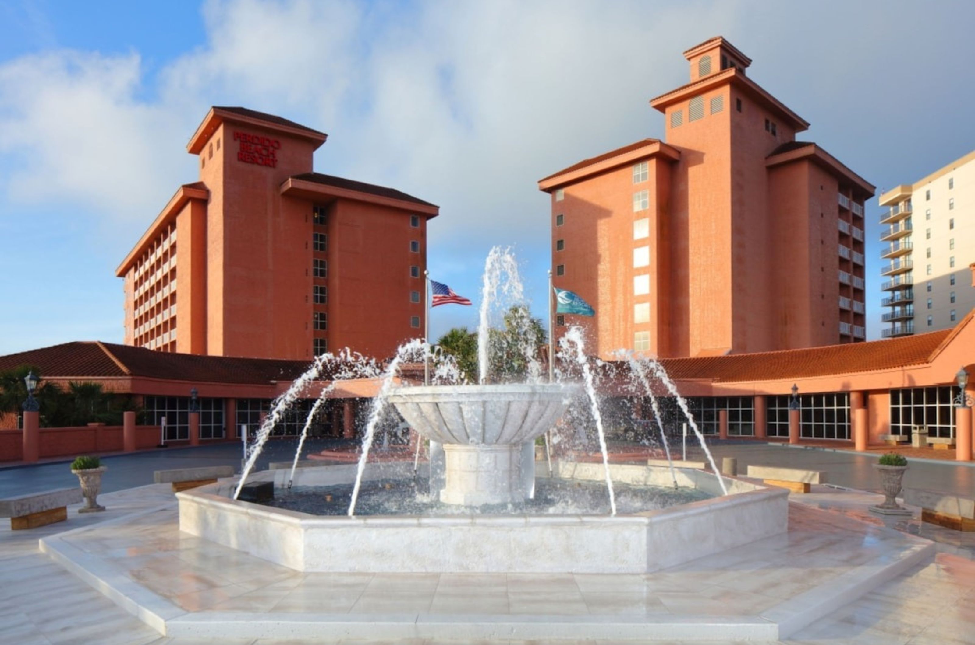 View of the fountain in front of Perdido Beach Resort in Oragne Beach Alabama 