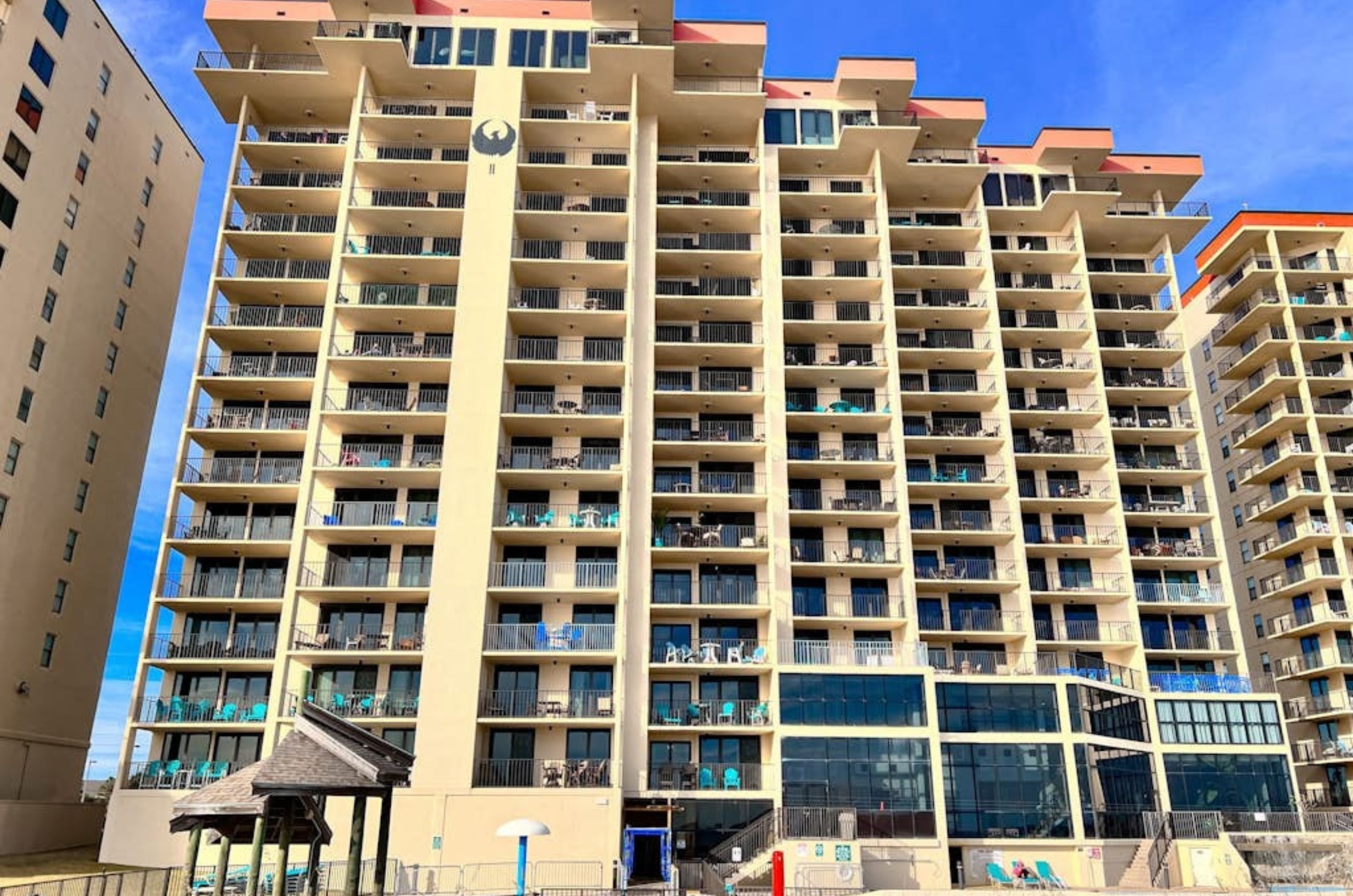 View of the beachfront exterior of Phoenix II in Orange Beach Alabama 