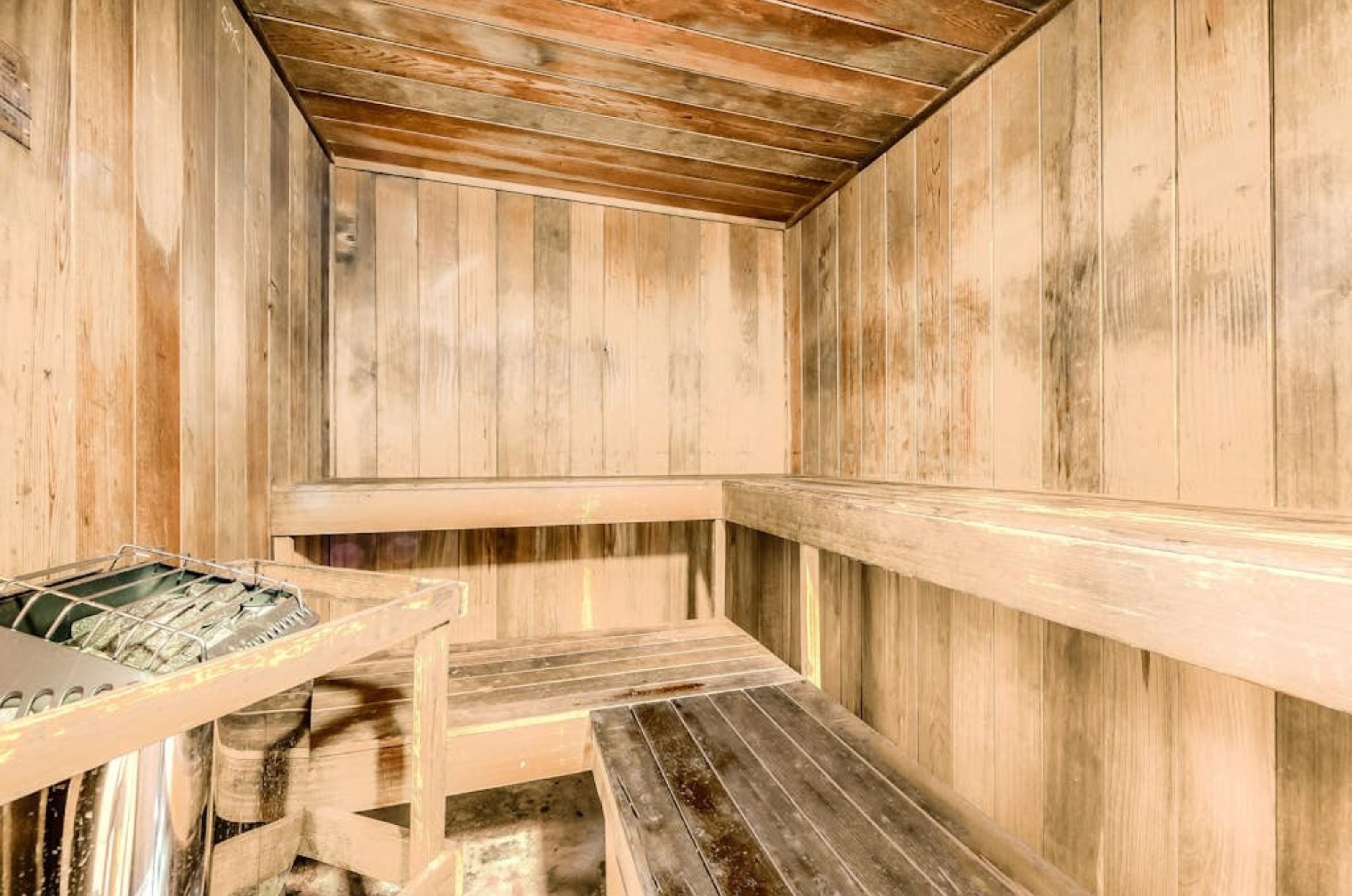 The wooden interior of the sauna at Phoenix III in Orange Beach Alabama 