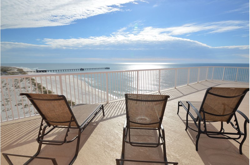 View the gorgeous Gulf of Mexico and the pier from you balcony at Royal Palms in Gulf Shores AL