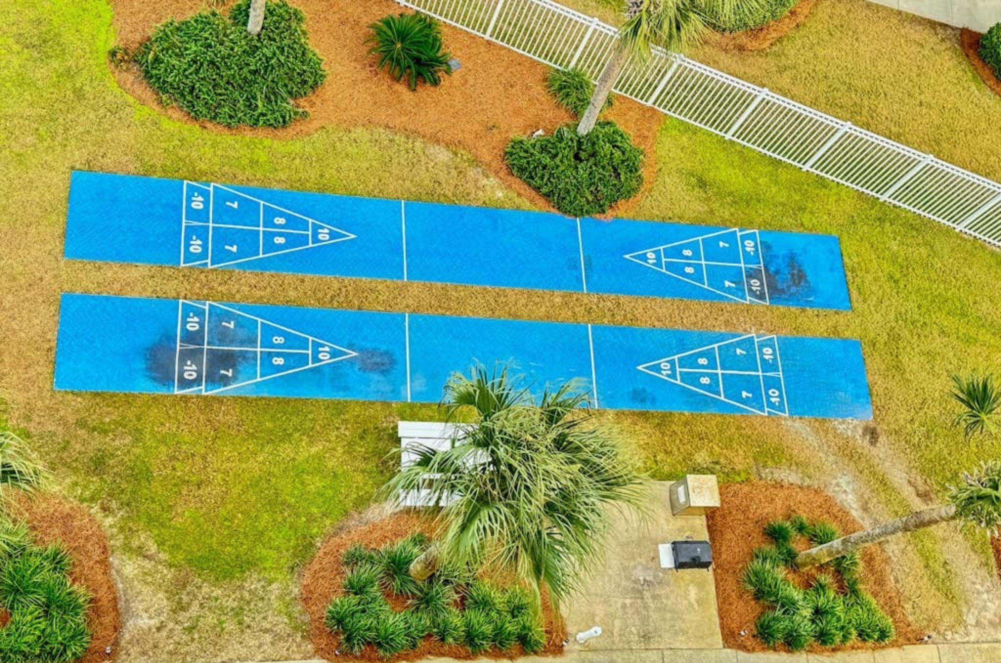 Overhead view of the shuffleboard courts at Seaside Beach and Racquet Club in Orange Beach Alabama