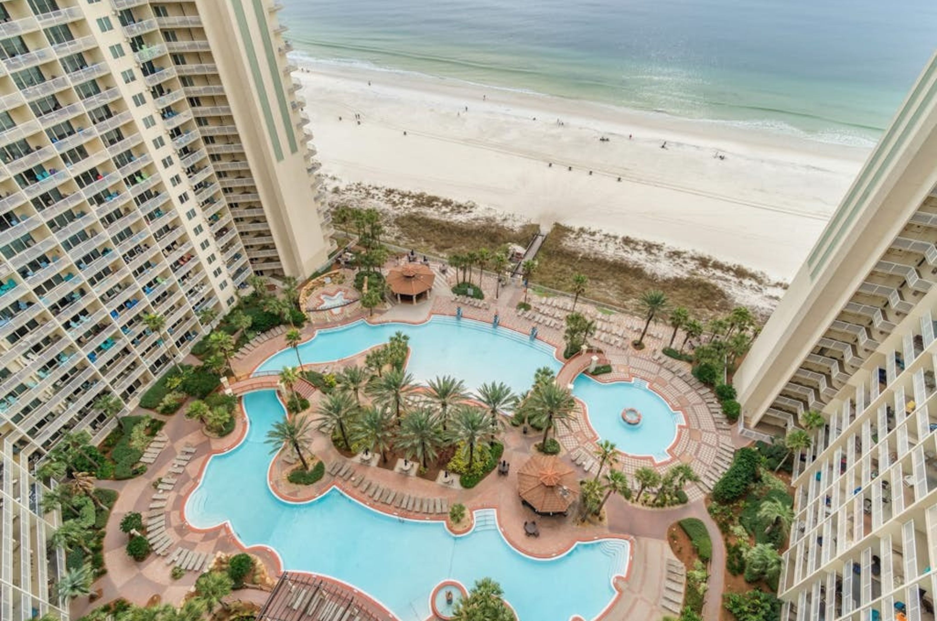 Birds eye view of the tropical courtyard at Shores of Panama Resort in Panama City Beach Florida 